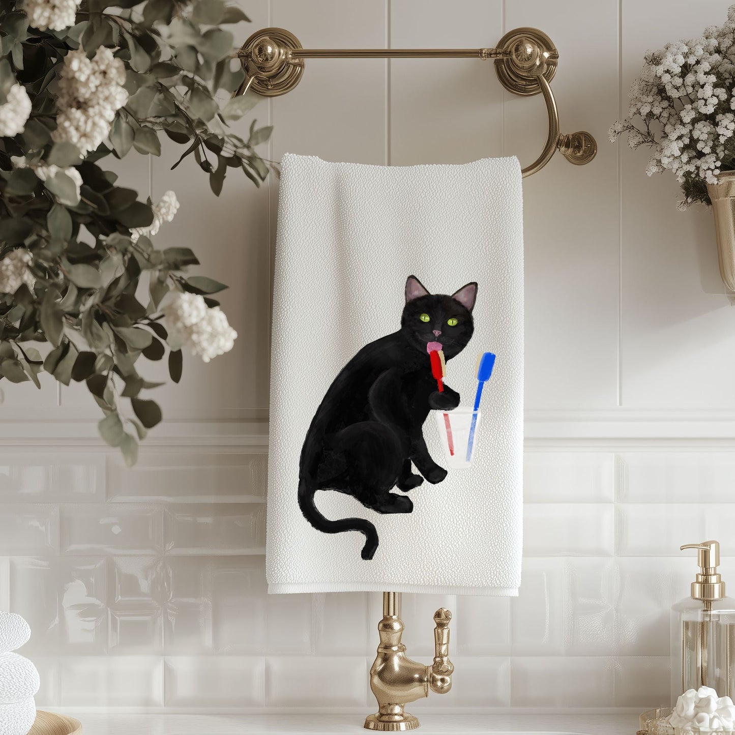Black Cat Toothbrush Bathroom Towel - MerikaArt
