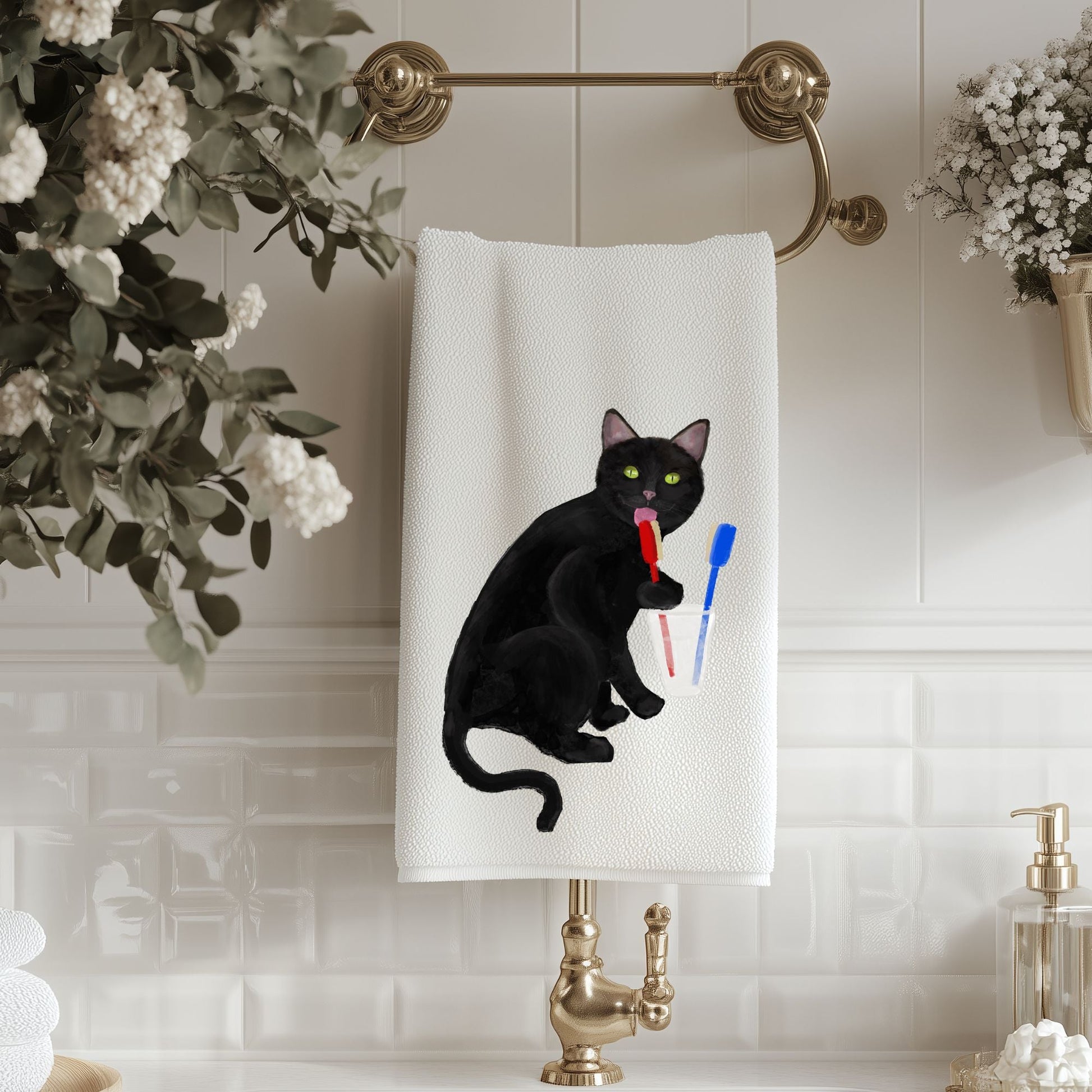 Black Cat Toothbrush Bathroom Towel - MerikaArt