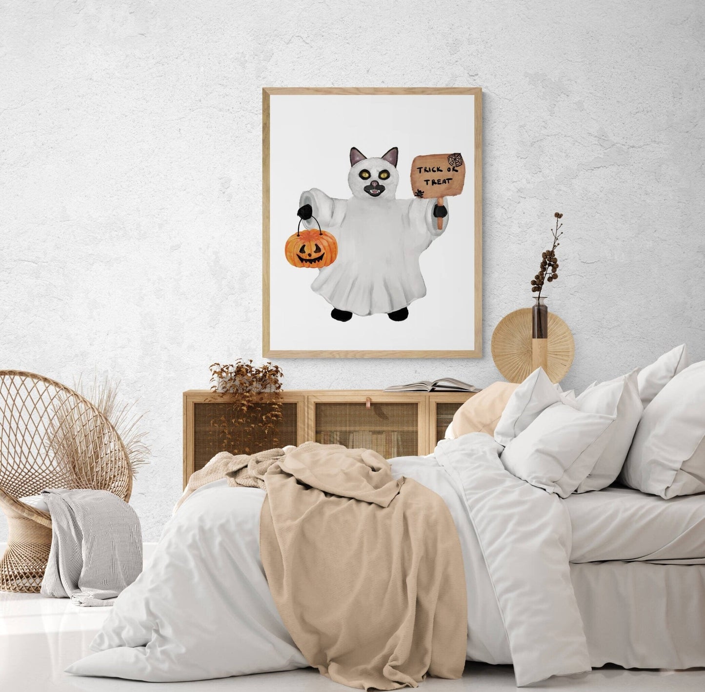 Black Cat with Ghost Costume Print, Halloween Cat Painting, Black Cat With Pumpkin Portrait, Holiday Wall Art, Fall Autumn Wall Print - MerikaArt