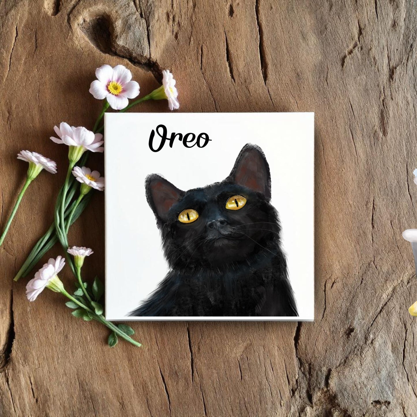 Black Cat with Golden Eyes Ceramic Tile - MerikaArt