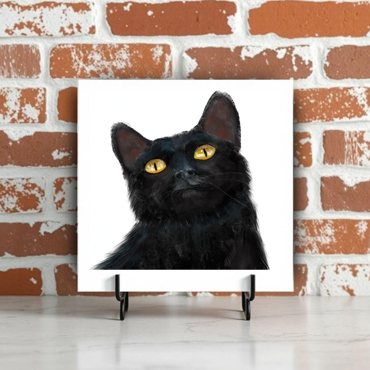 Black Cat with Golden Eyes Ceramic Tile - MerikaArt