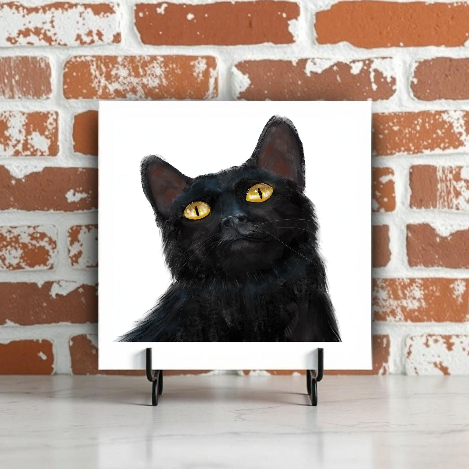 Black Cat with Golden Eyes Ceramic Tile - MerikaArt