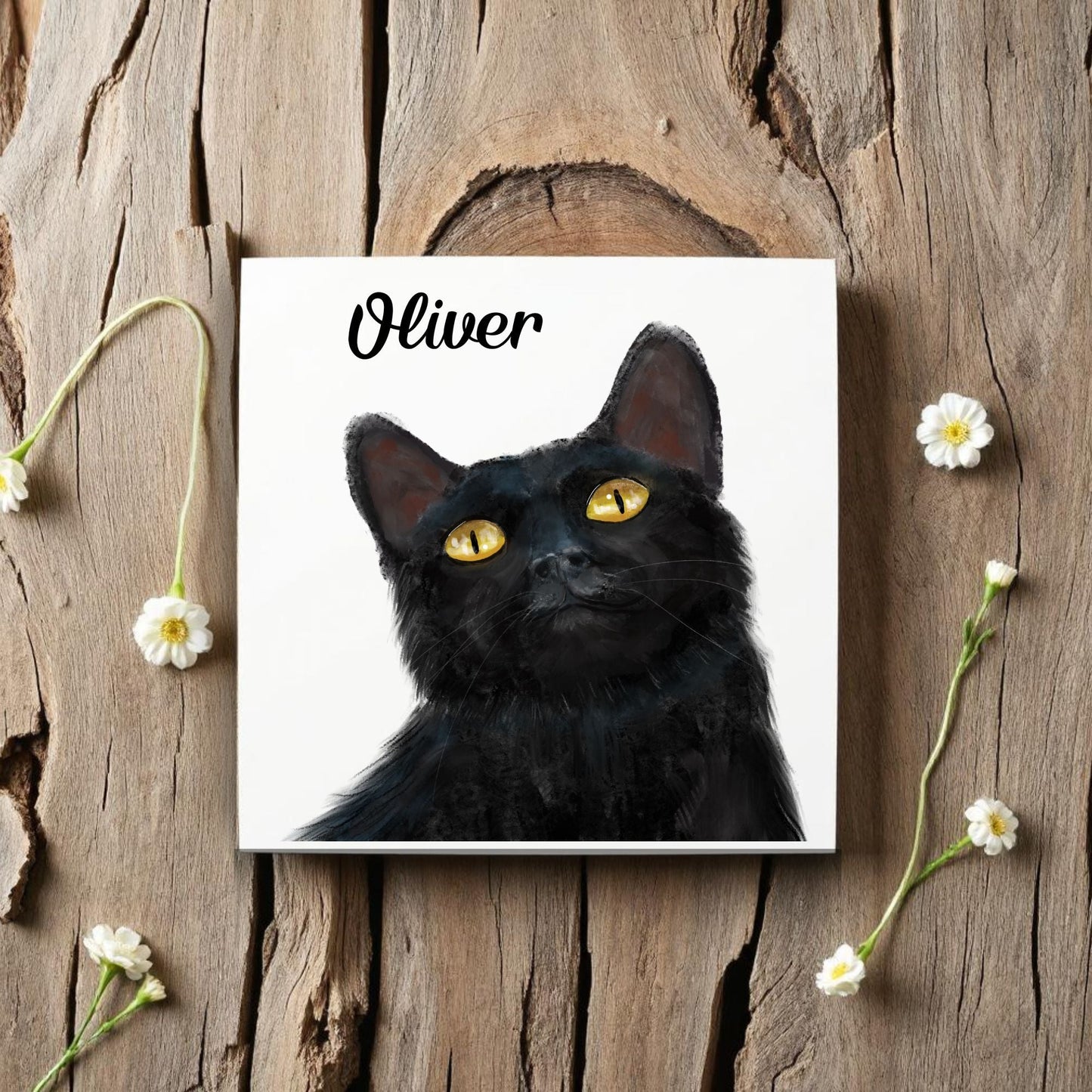 Black Cat with Golden Eyes Ceramic Tile - MerikaArt