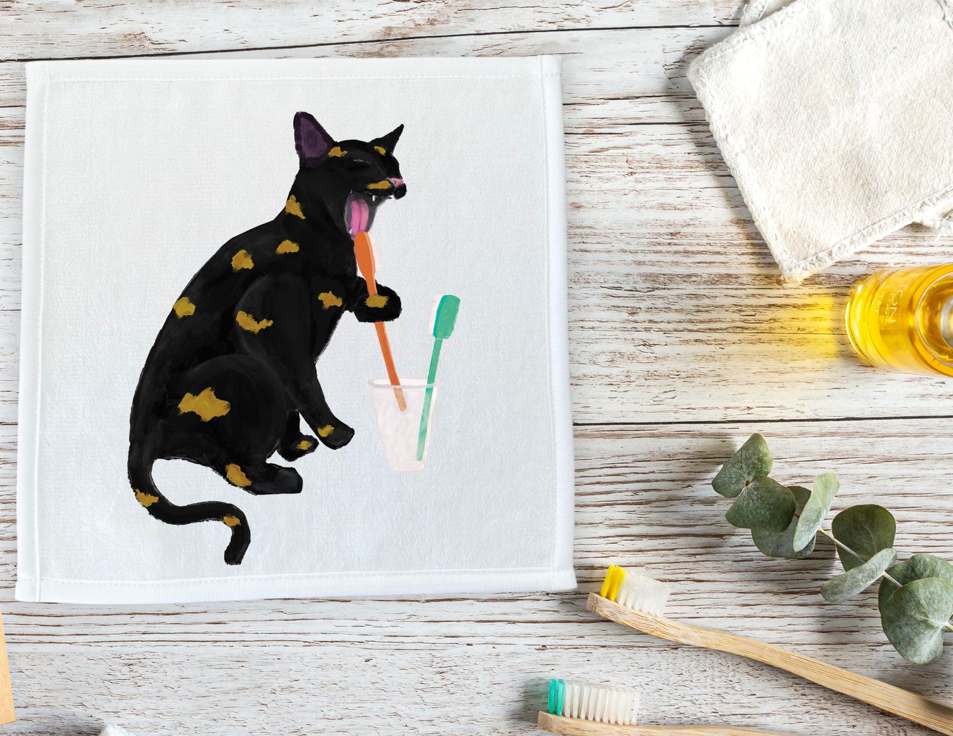 Black Cat with Golden Spots Brushing Teeth Washcloth - MerikaArt