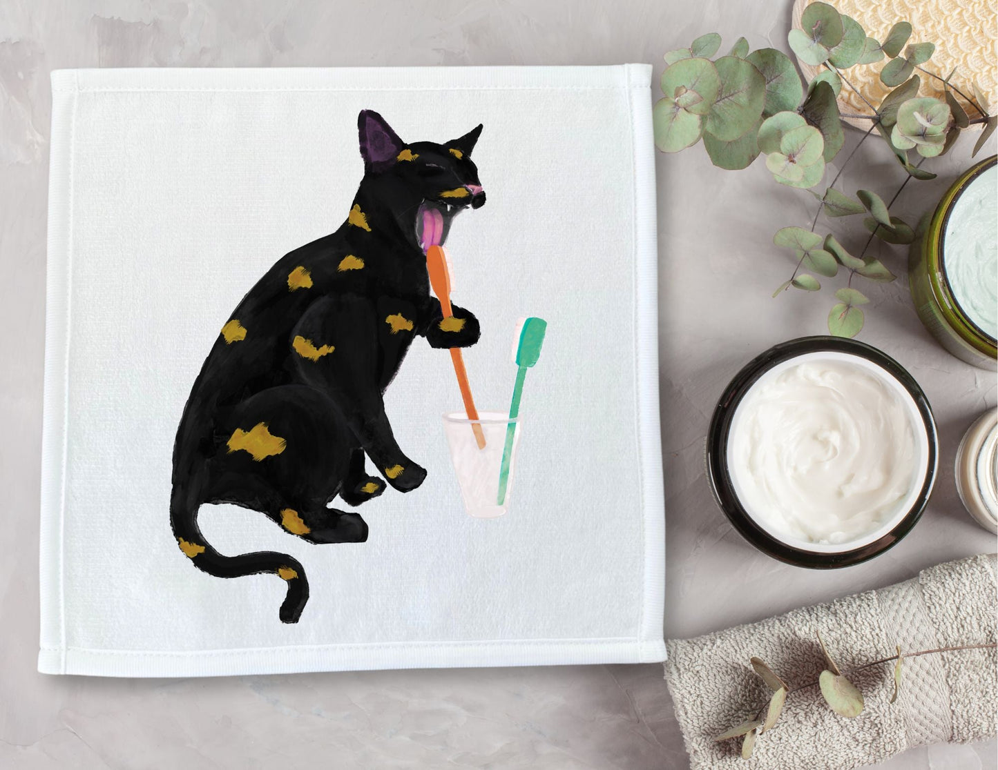 Black Cat with Golden Spots Brushing Teeth Washcloth - MerikaArt