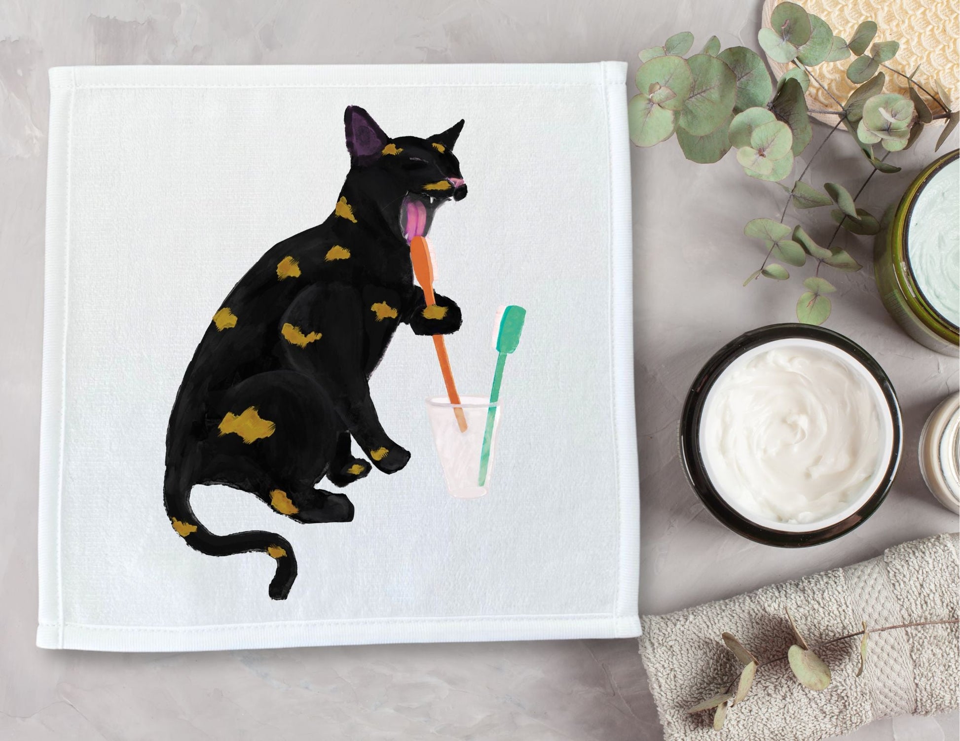 Black Cat with Golden Spots Brushing Teeth Washcloth - MerikaArt