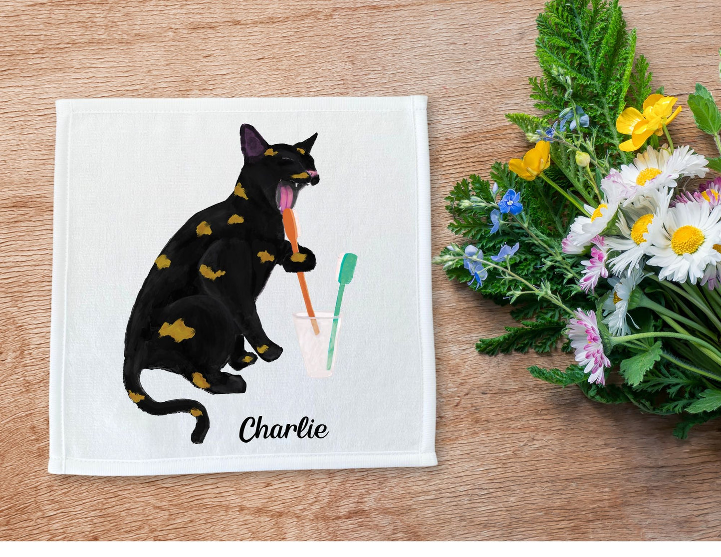 Black Cat with Golden Spots Brushing Teeth Washcloth - MerikaArt