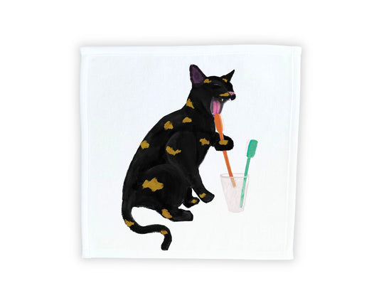 Black Cat with Golden Spots Brushing Teeth Washcloth - MerikaArt