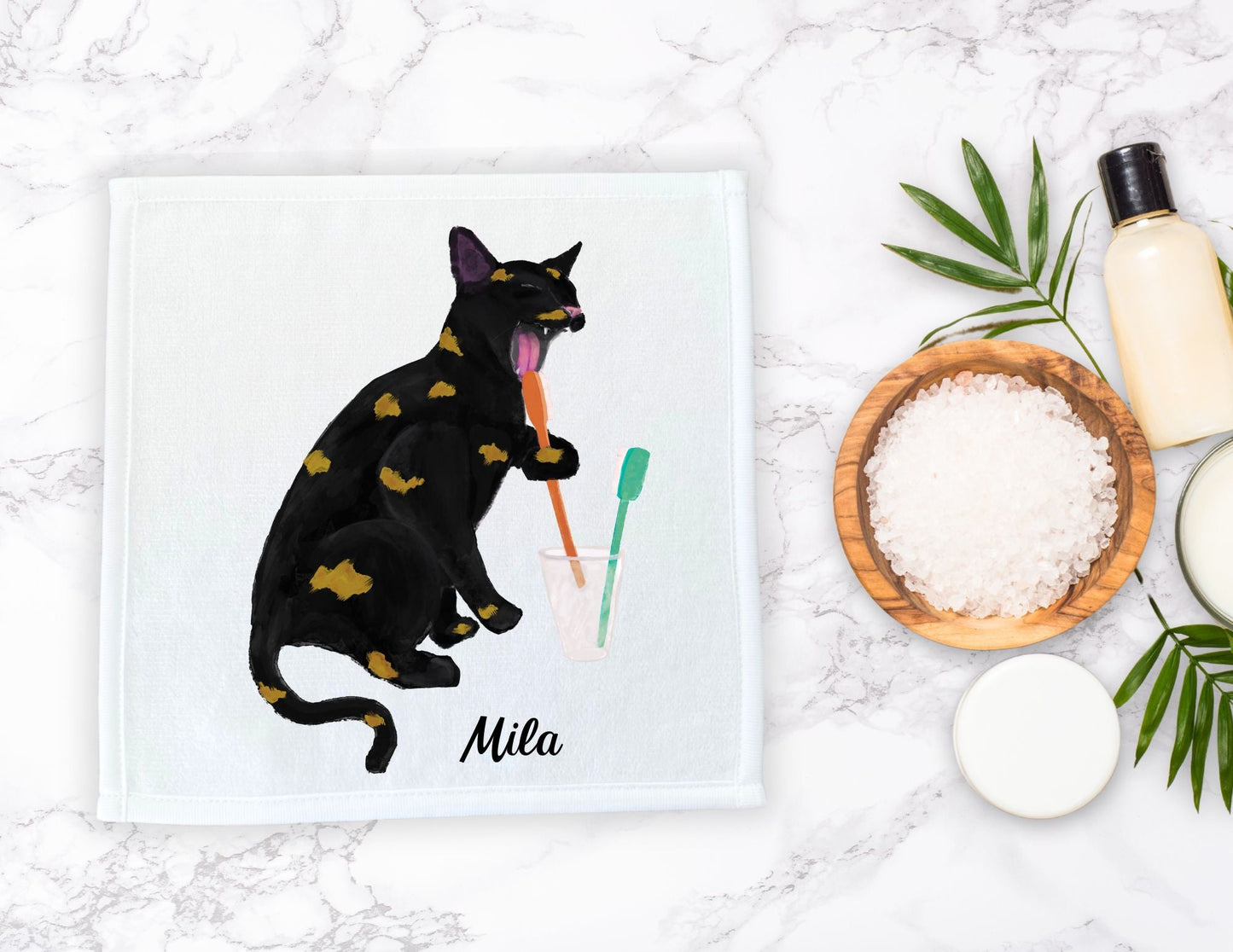Black Cat with Golden Spots Brushing Teeth Washcloth - MerikaArt