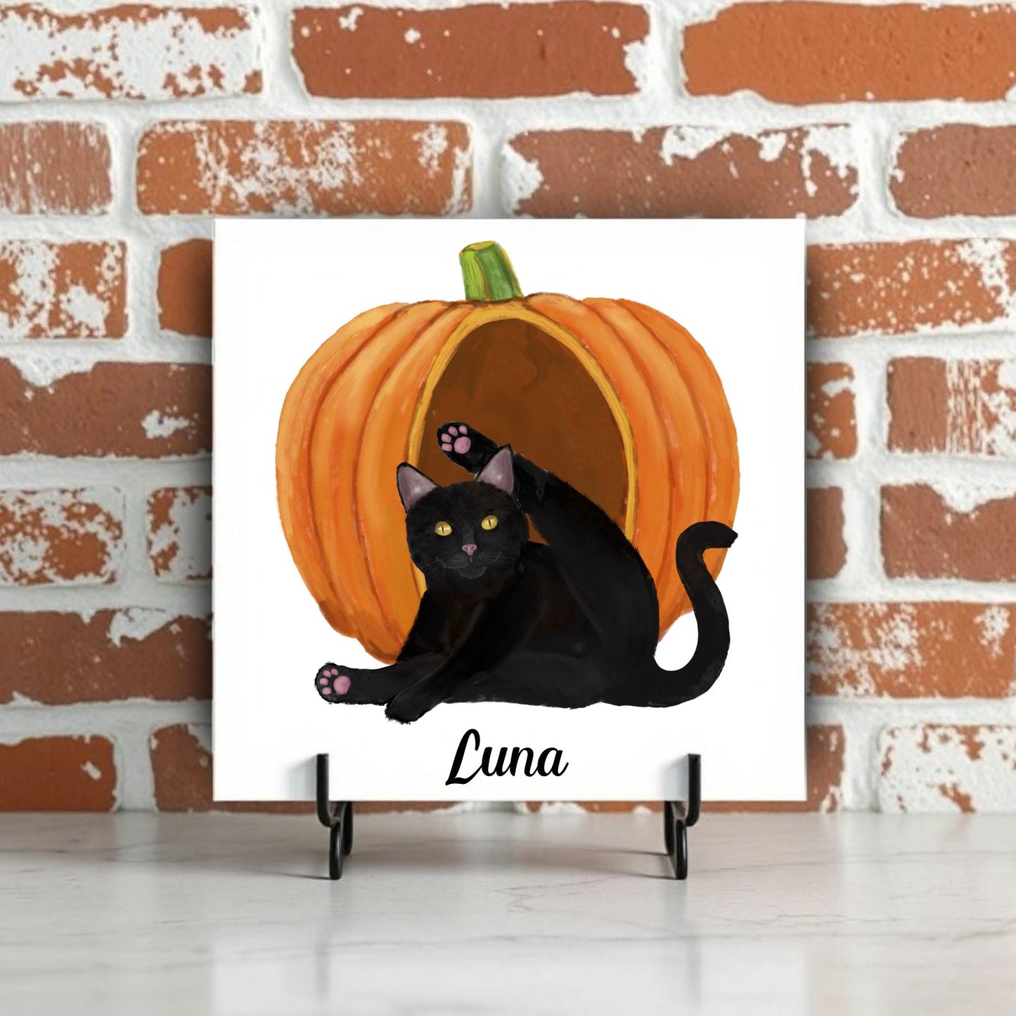 Black Cat with Pumpkin Ceramic Tile - MerikaArt