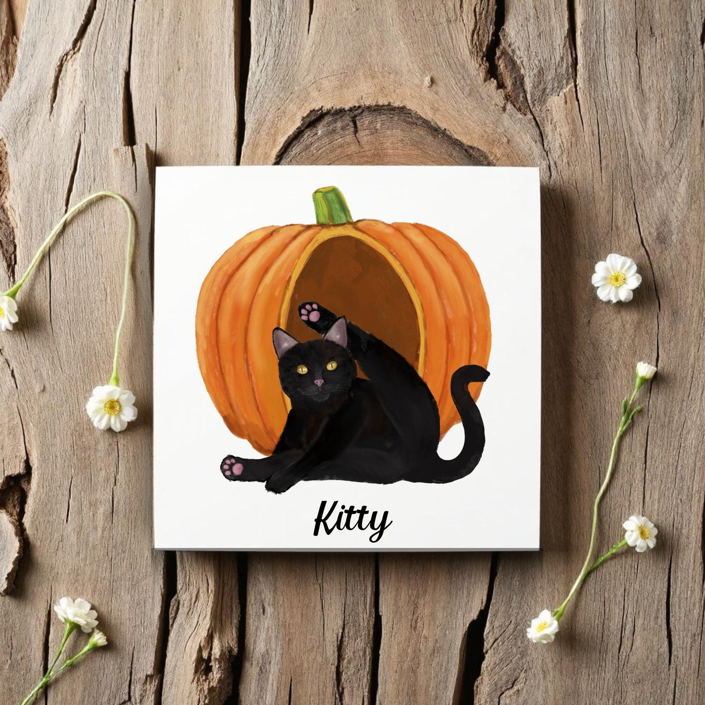 Black Cat with Pumpkin Ceramic Tile - MerikaArt