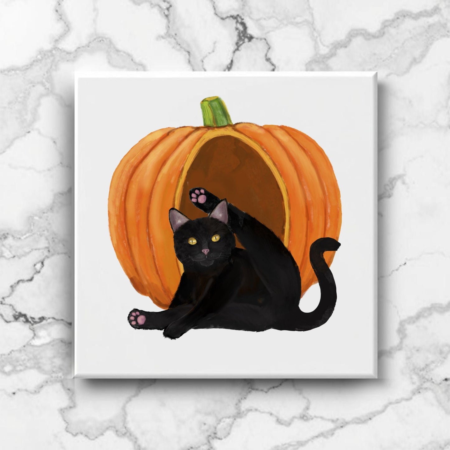 Black Cat with Pumpkin Ceramic Tile - MerikaArt