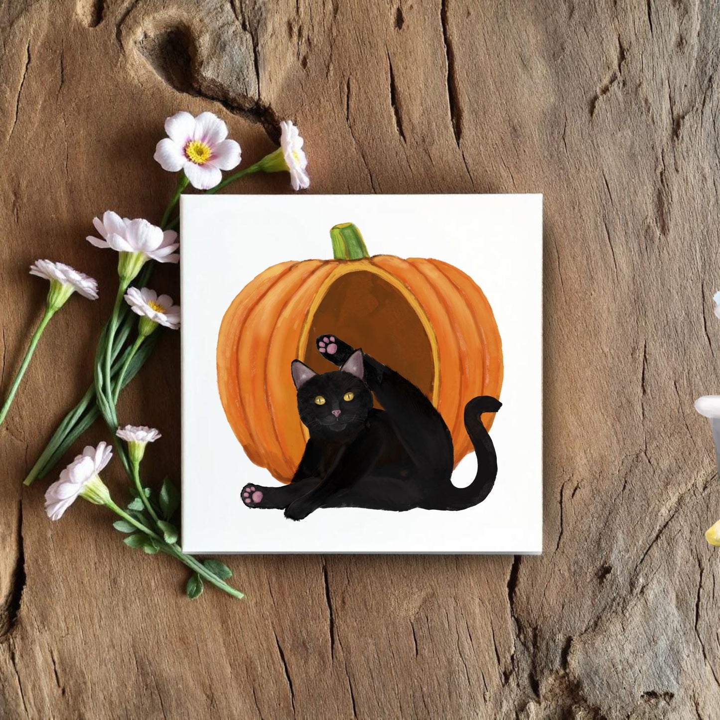 Black Cat with Pumpkin Ceramic Tile - MerikaArt