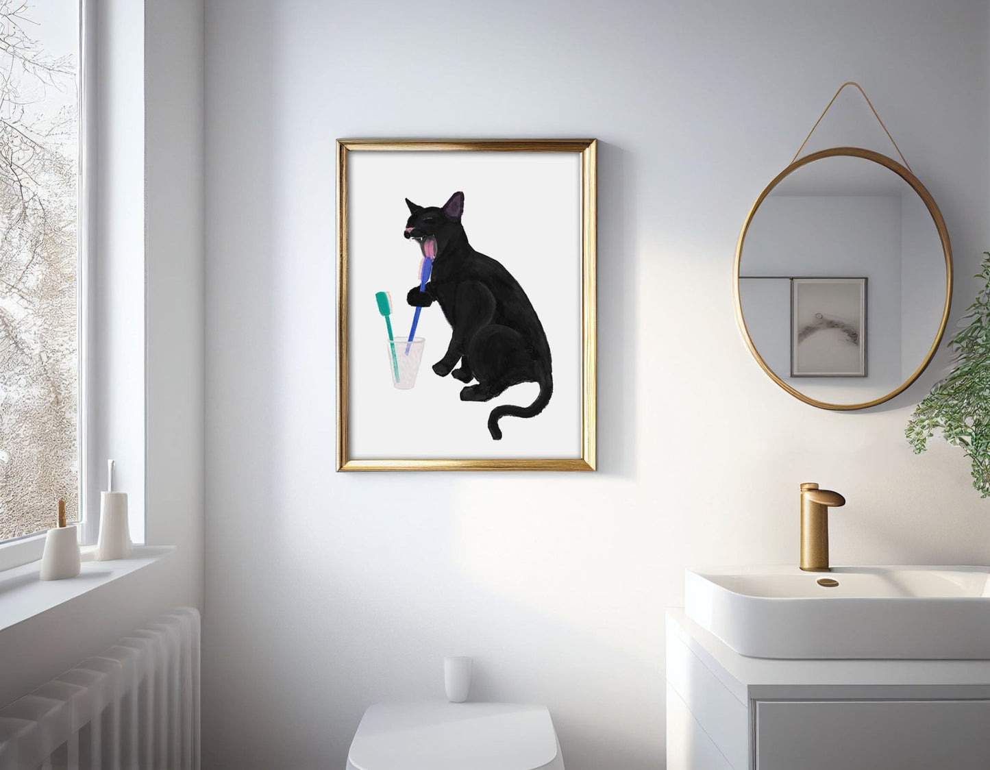 Black Cat with Toothbrush – Fun Cat Art Print for Bathroom Decor - MerikaArt