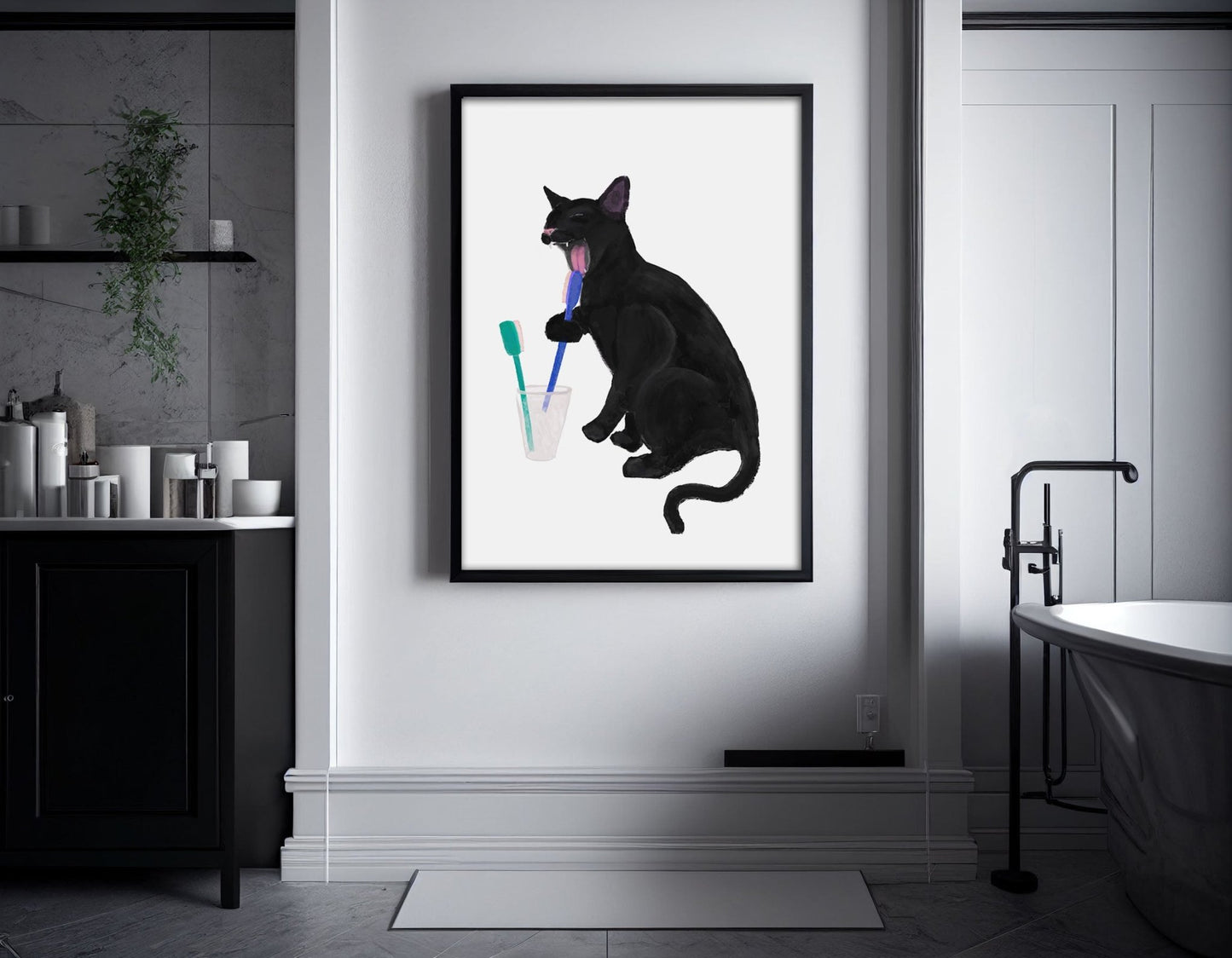 Black Cat with Toothbrush – Fun Cat Art Print for Bathroom Decor - MerikaArt