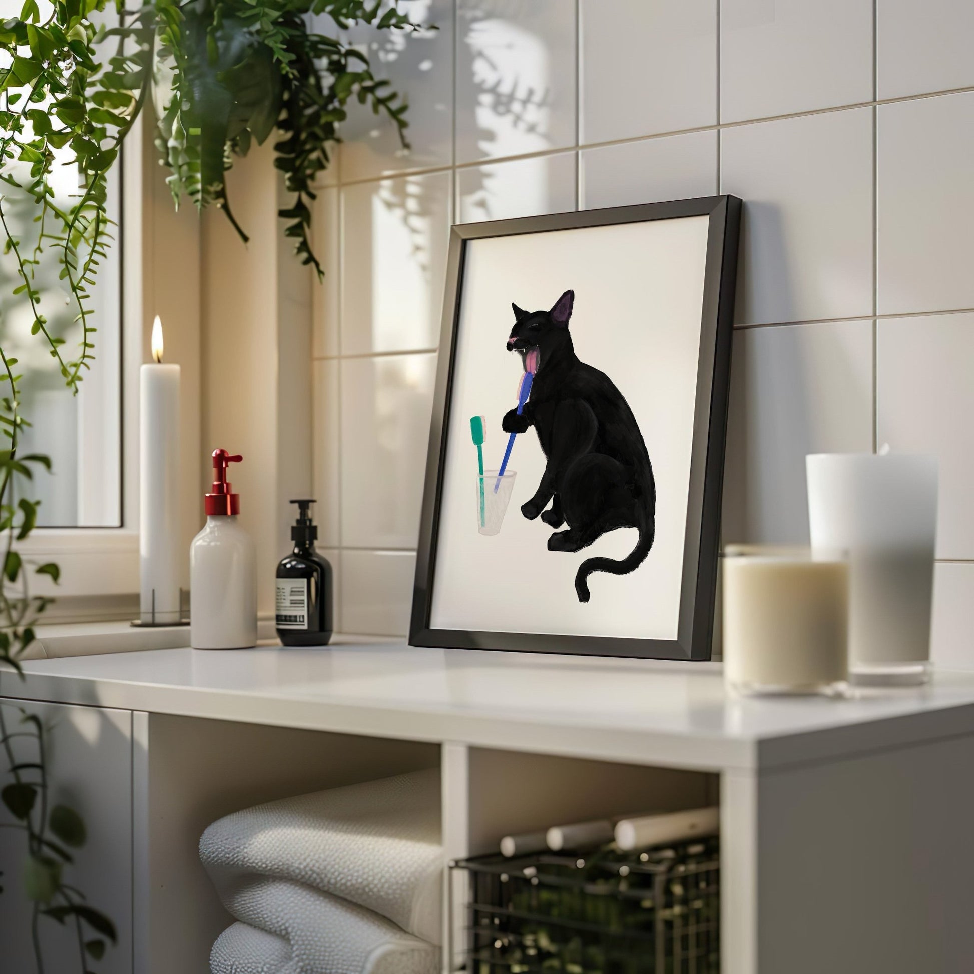 Black Cat with Toothbrush – Fun Cat Art Print for Bathroom Decor - MerikaArt