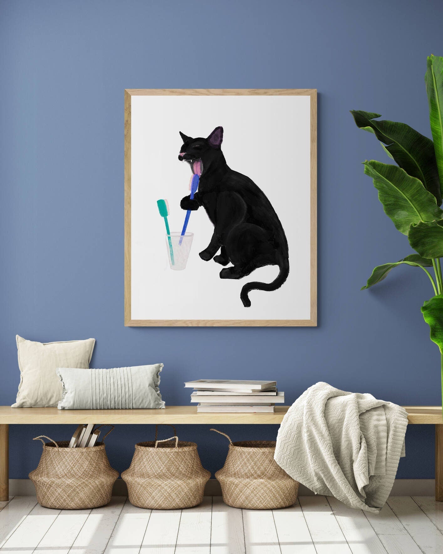 Black Cat with Toothbrush – Fun Cat Art Print for Bathroom Decor - MerikaArt