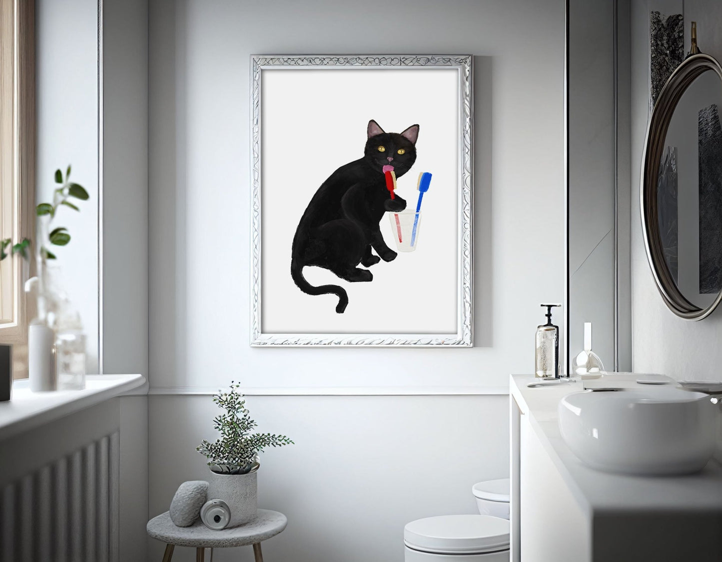 Black Cat with Toothbrushes – Fun Bathroom Cat Art Print - MerikaArt