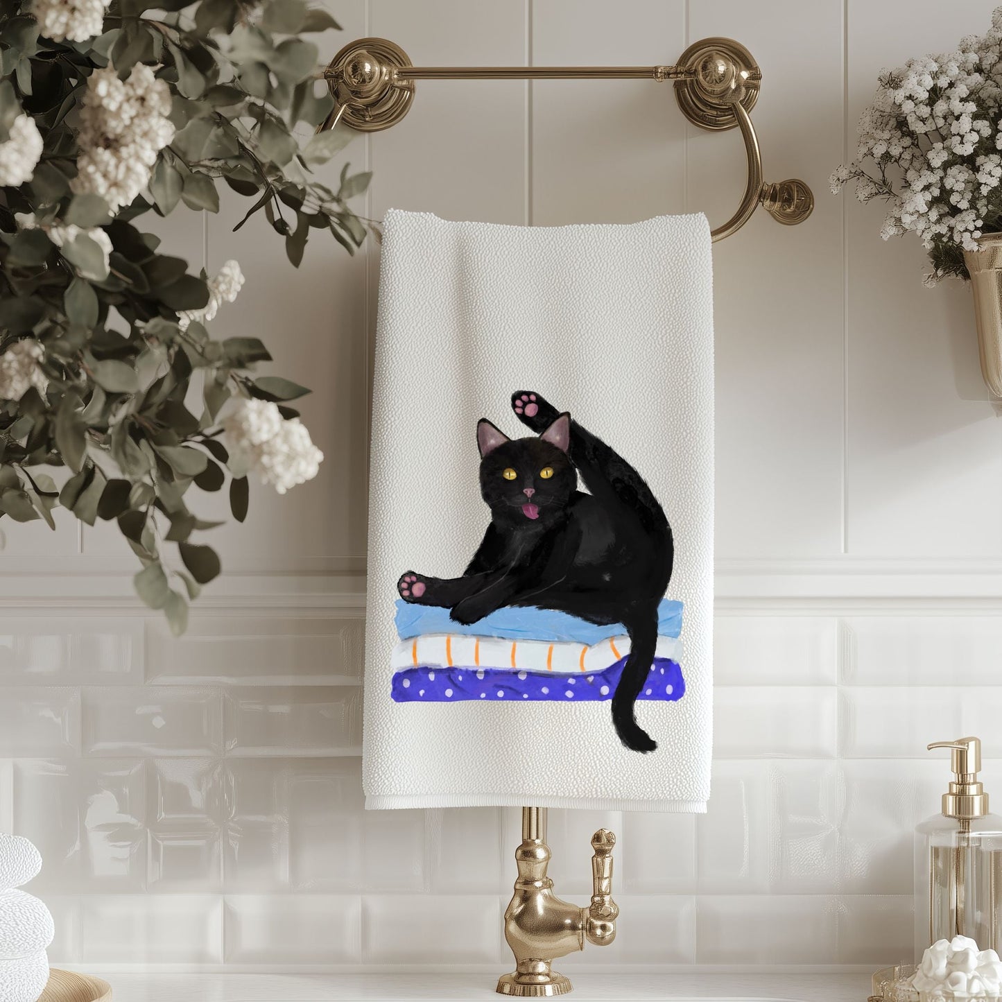 Black Cat Yoga Bathroom Towel - MerikaArt