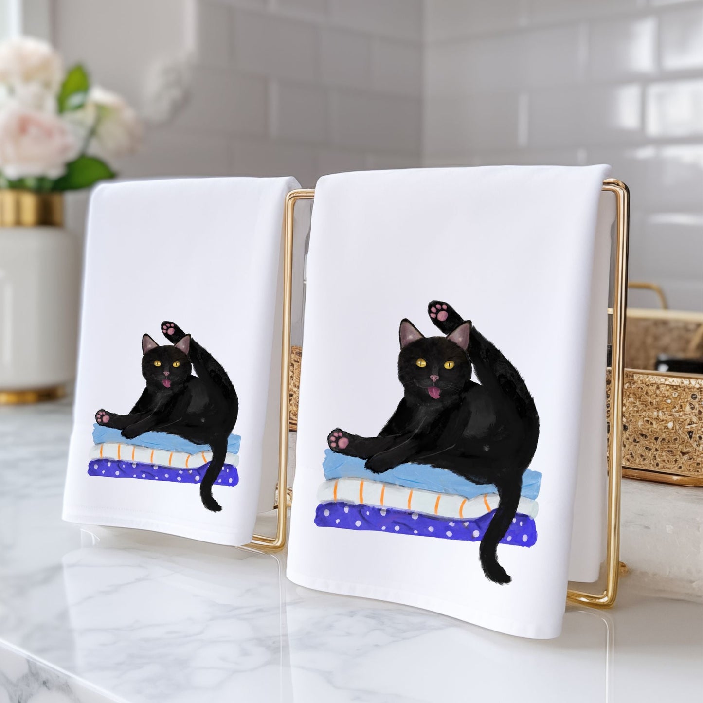 Black Cat Yoga Bathroom Towel - MerikaArt