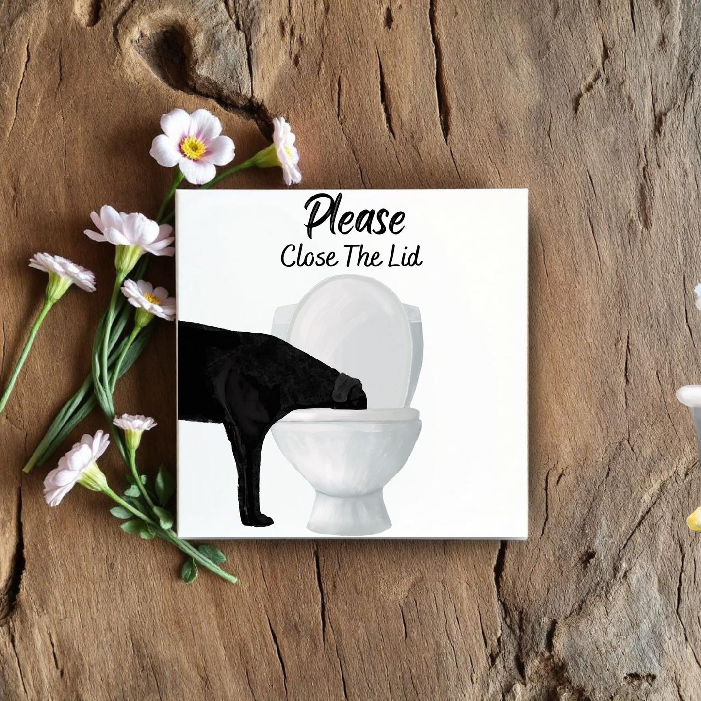 Black Labrador Please Close The Lid Ceramic Tile - MerikaArt