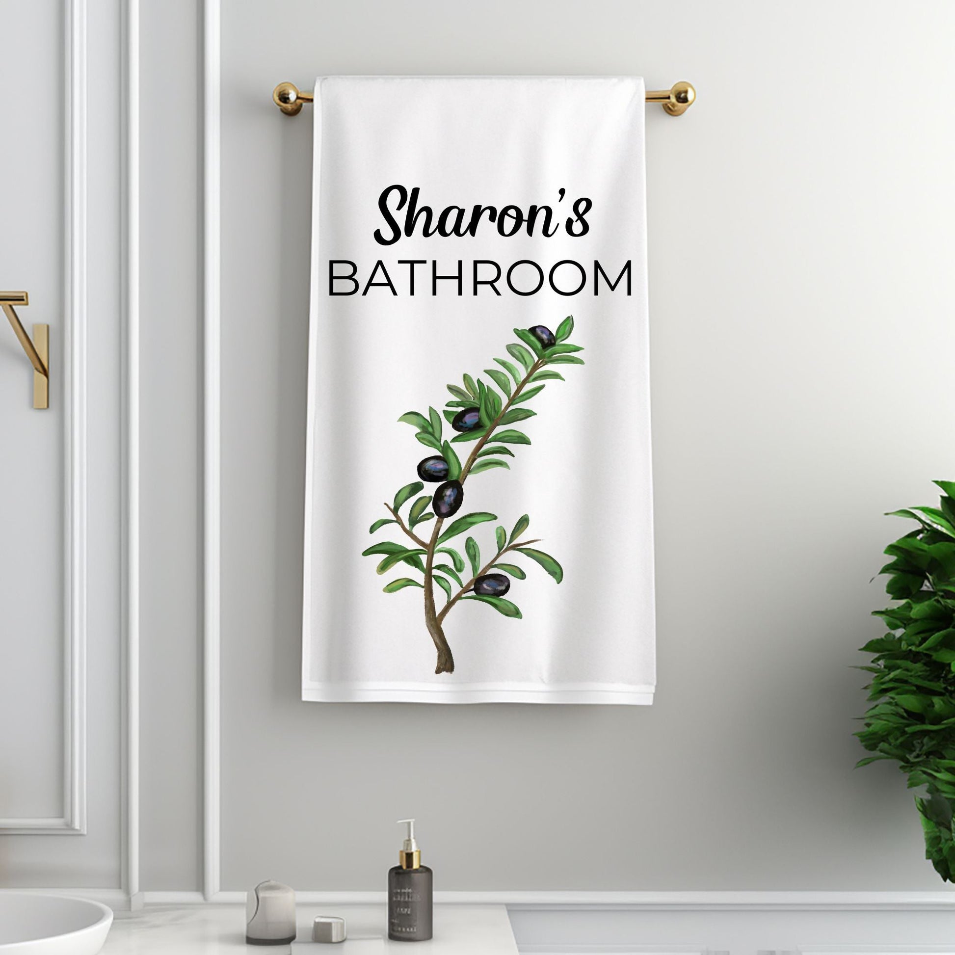 Black Olive Branch Bathroom Towel - MerikaArt