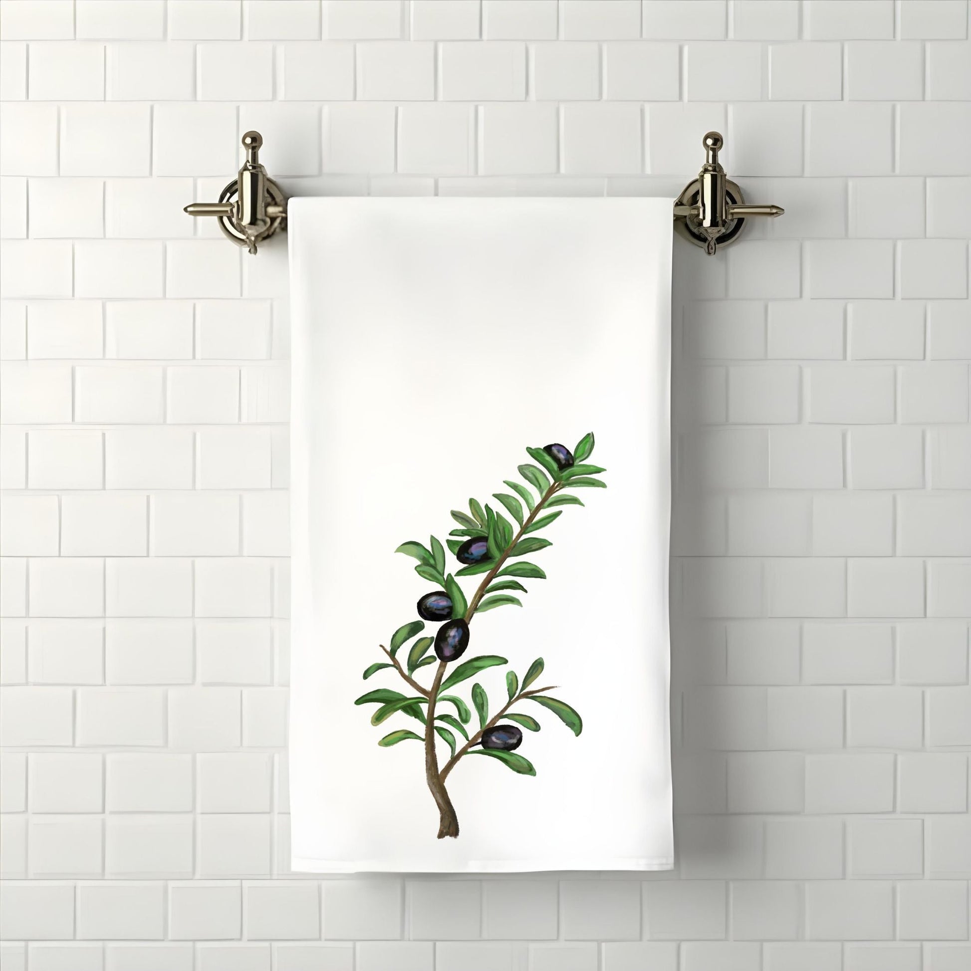 Black Olive Branch Bathroom Towel - MerikaArt
