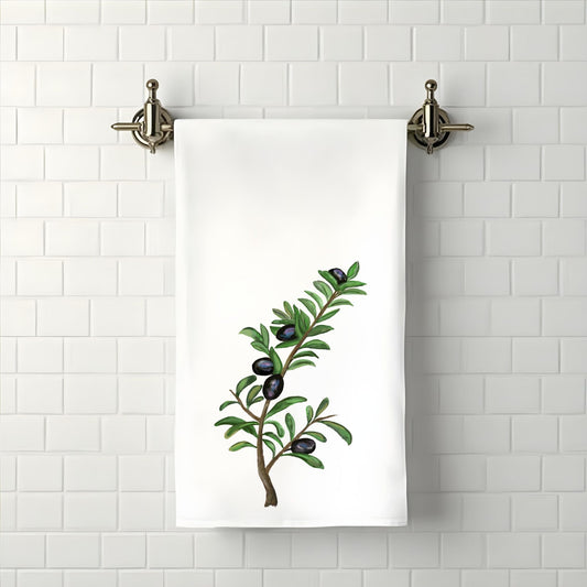 Black Olive Branch Bathroom Towel - MerikaArt