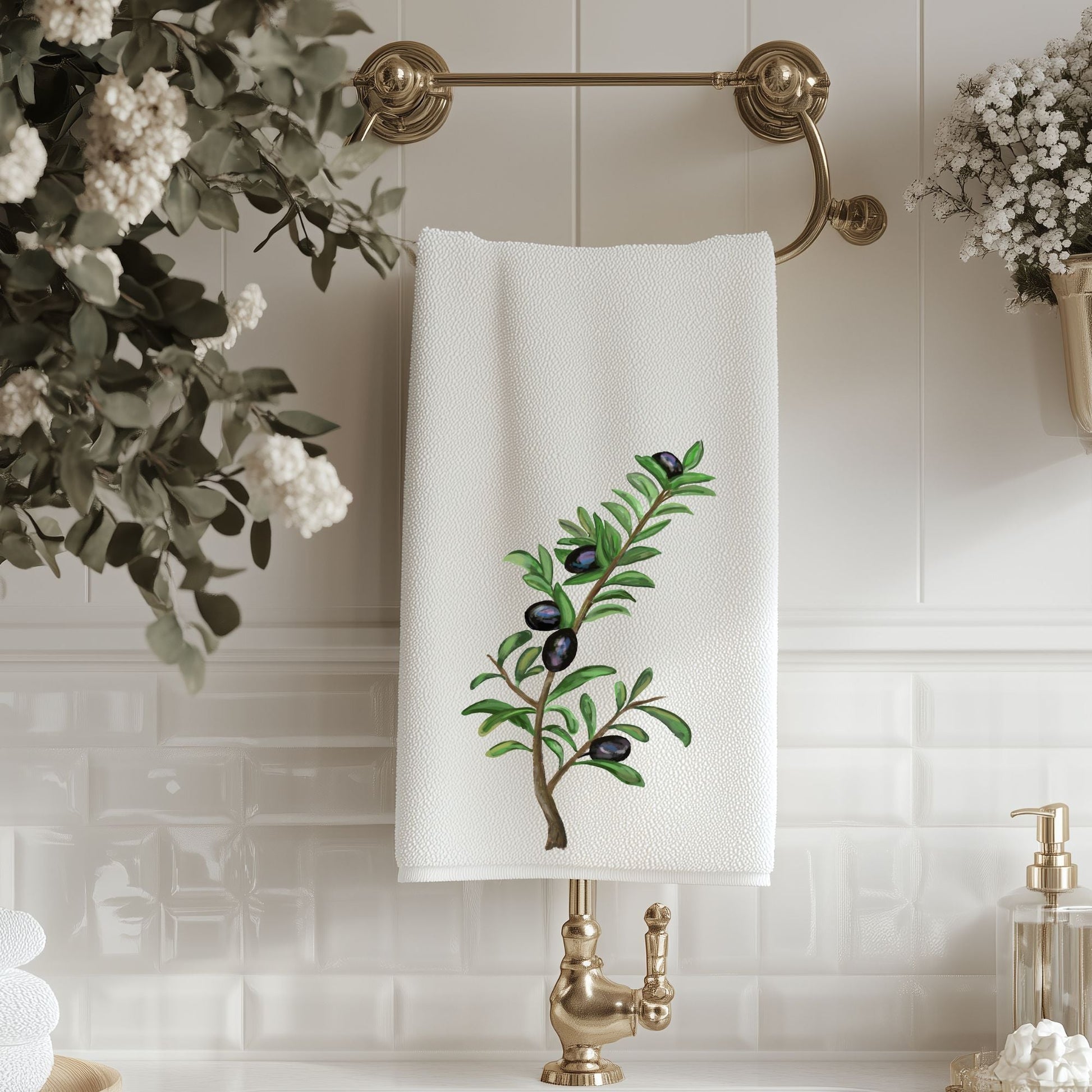 Black Olive Branch Bathroom Towel - MerikaArt