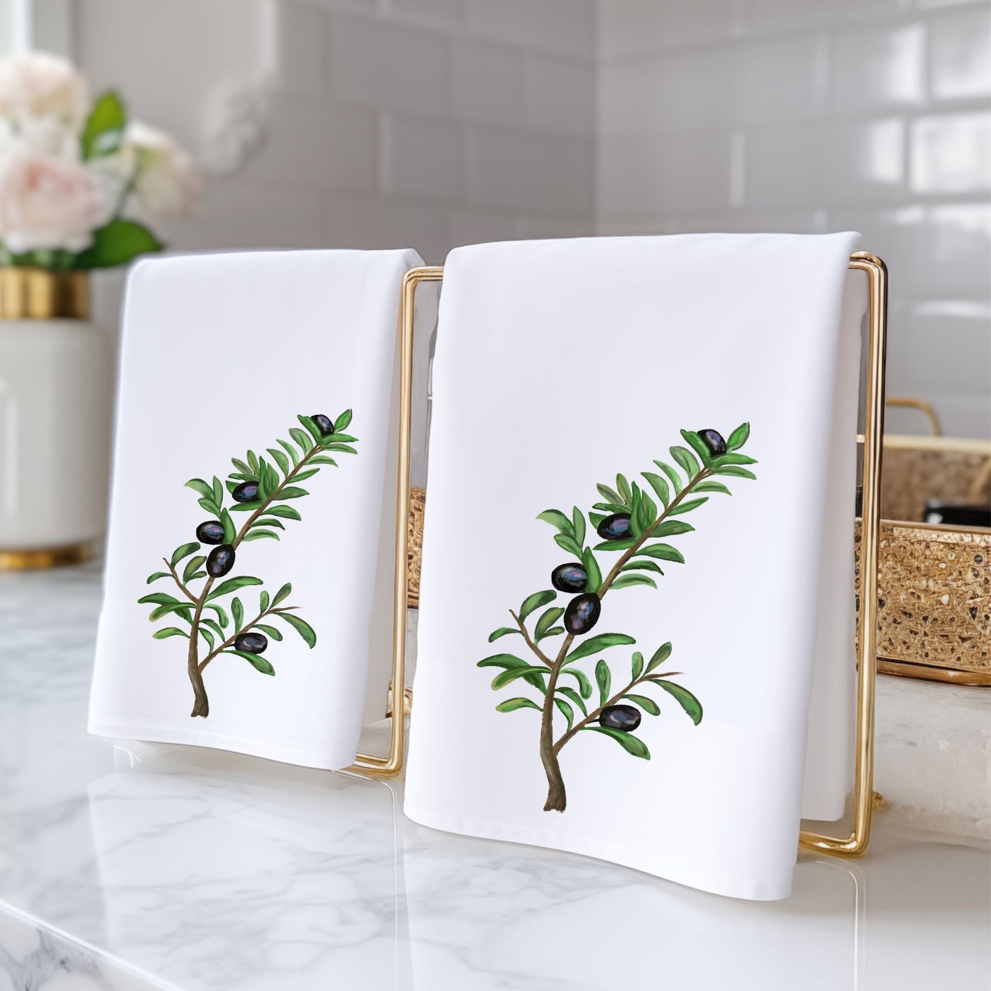 Black Olive Branch Bathroom Towel - MerikaArt