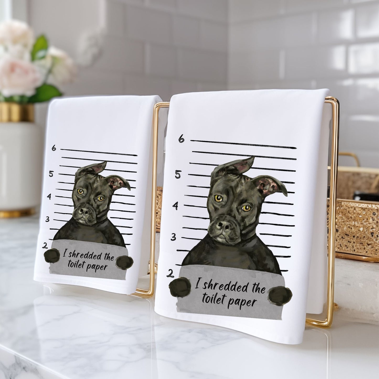 Black Pitbull Mugshot Bathroom Towel - MerikaArt