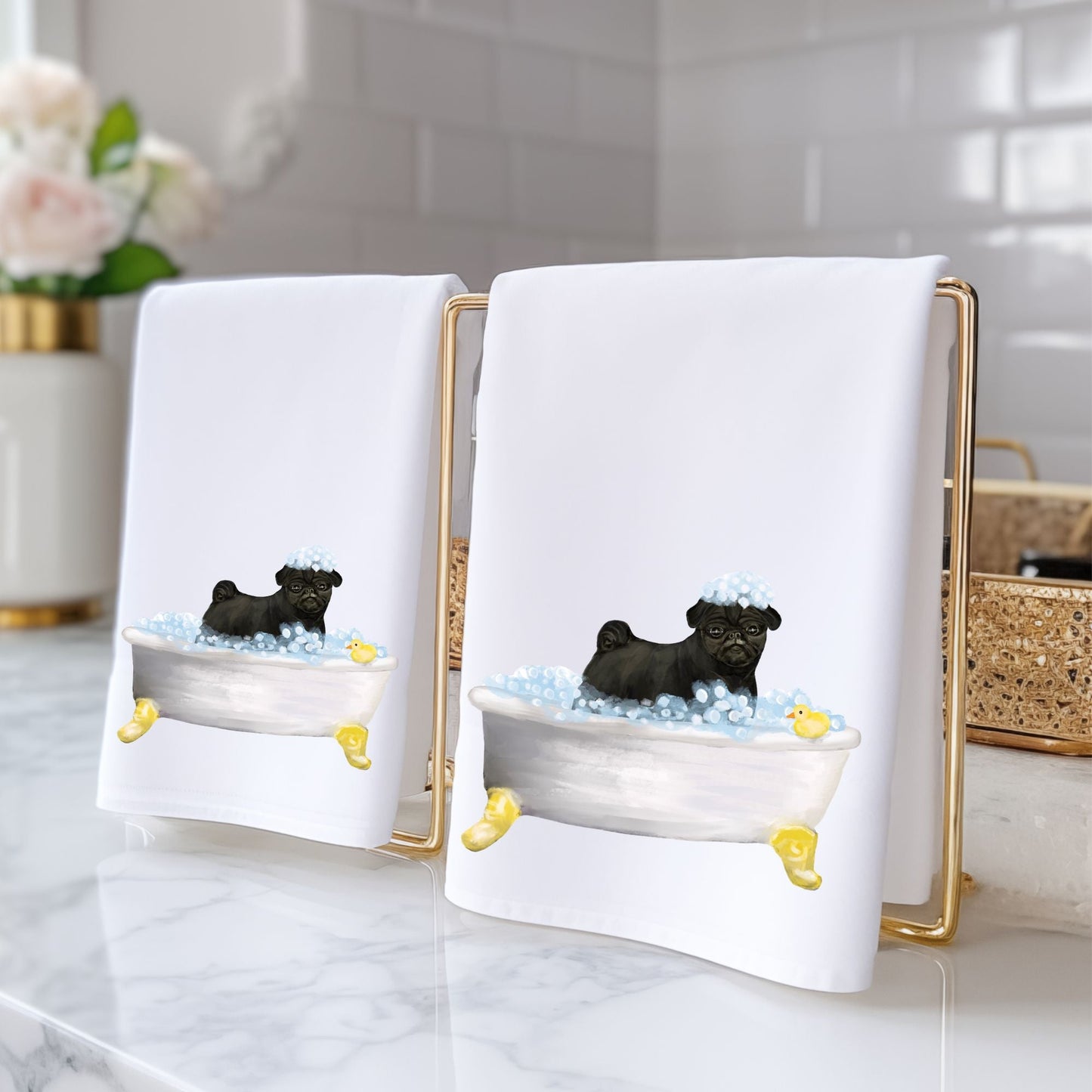 Black Pug Bath Time Towel - MerikaArt