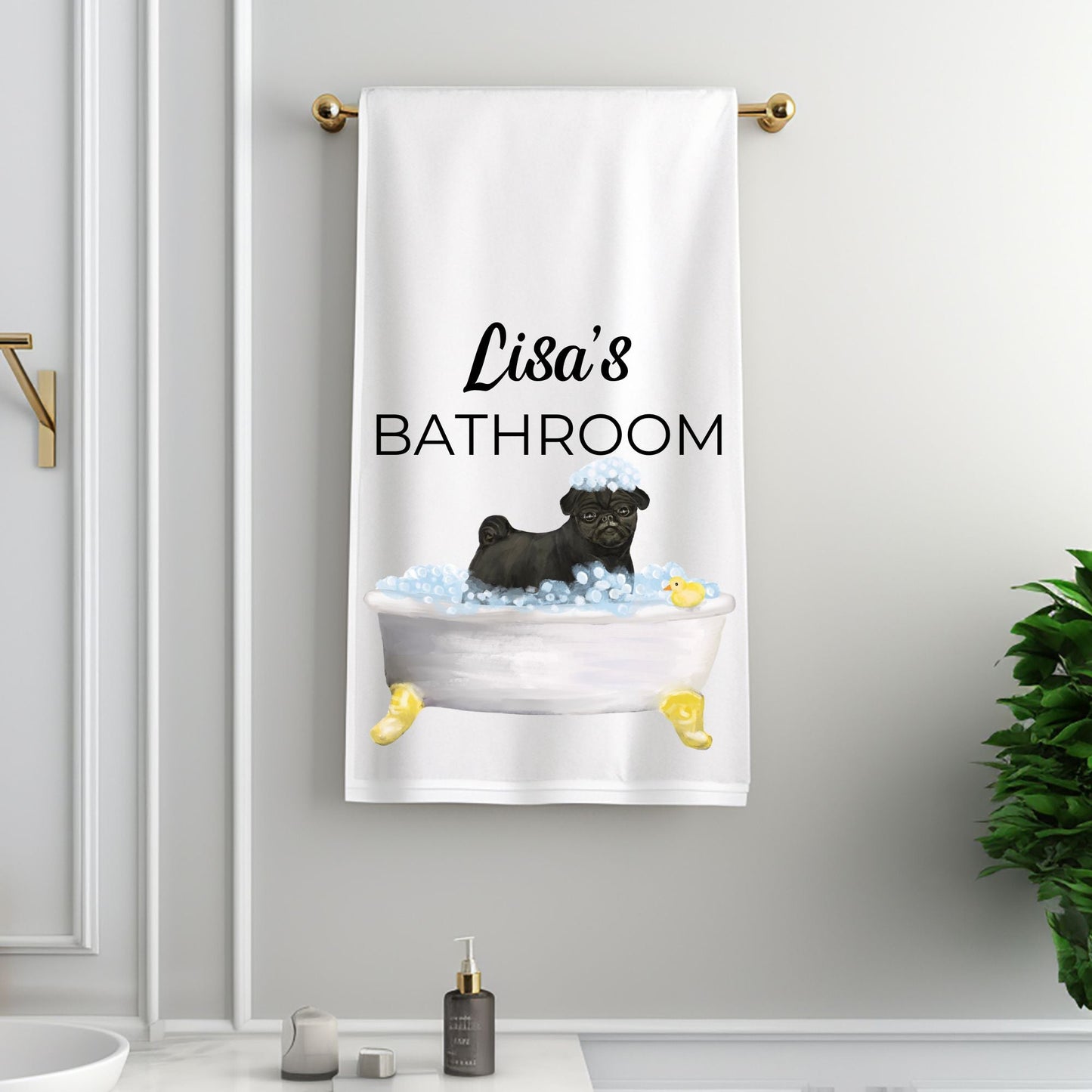 Black Pug Bath Time Towel - MerikaArt