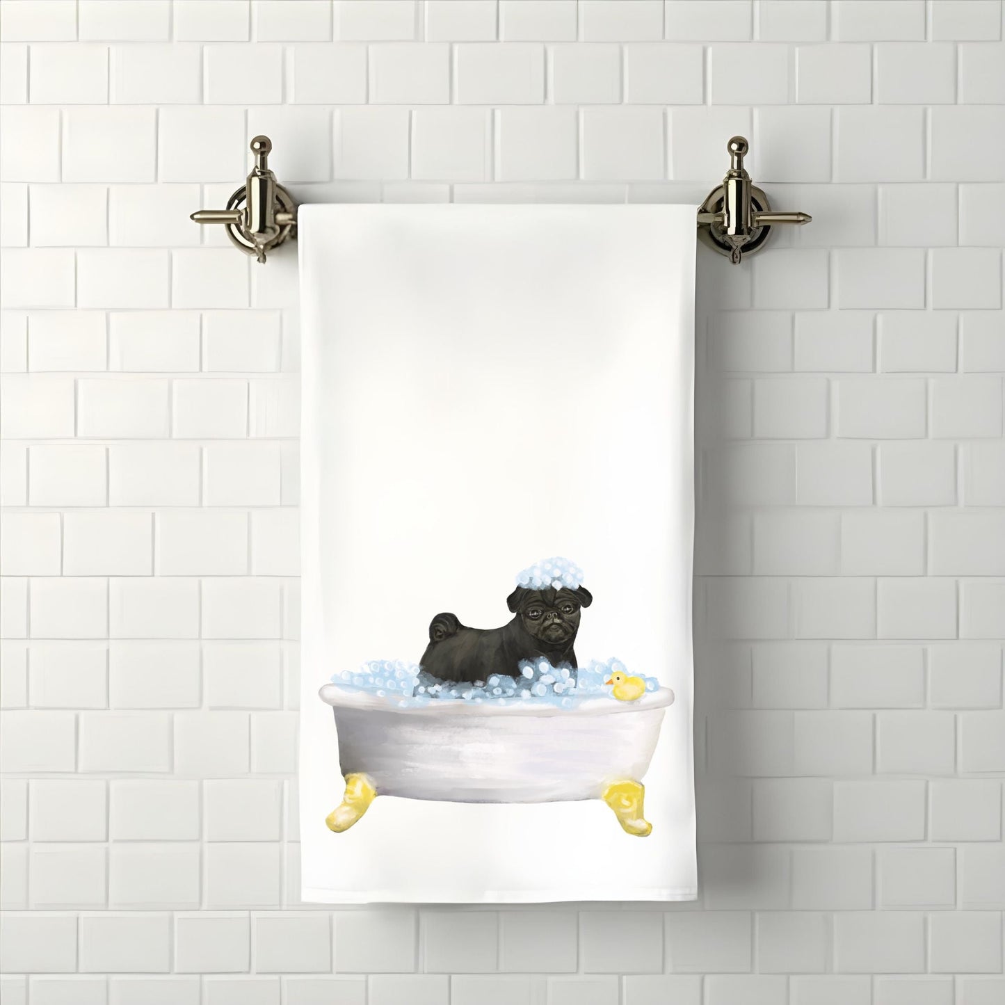Black Pug Bath Time Towel - MerikaArt