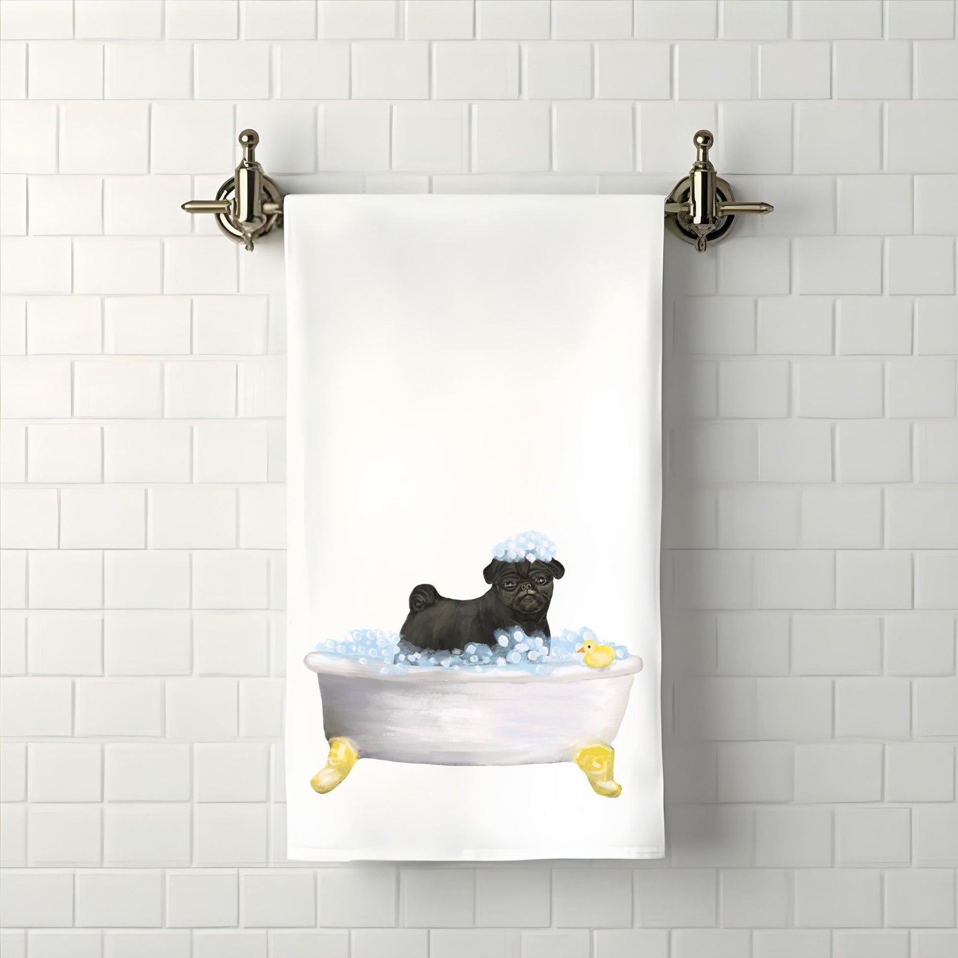 Black Pug Bath Time Towel - MerikaArt