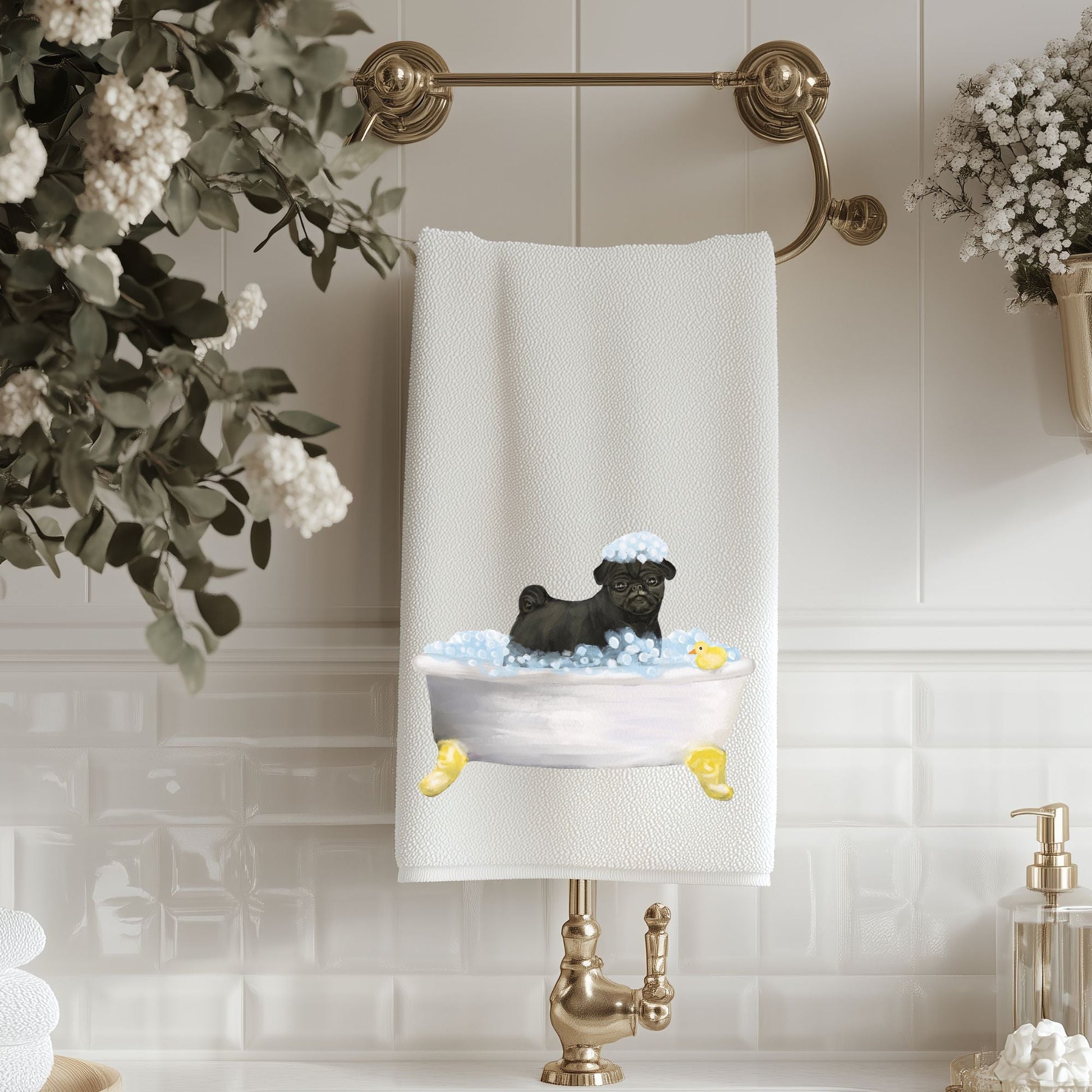 Black Pug Bath Time Towel - MerikaArt