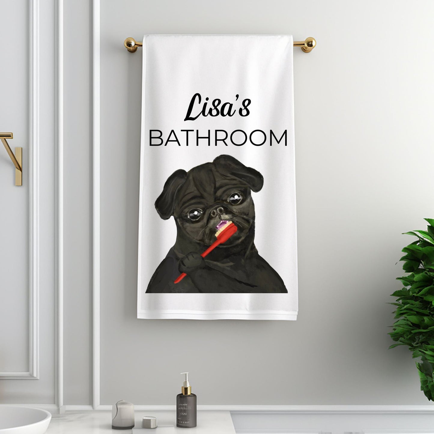 Black Pug Brushing Teeth Bathroom Towel - MerikaArt