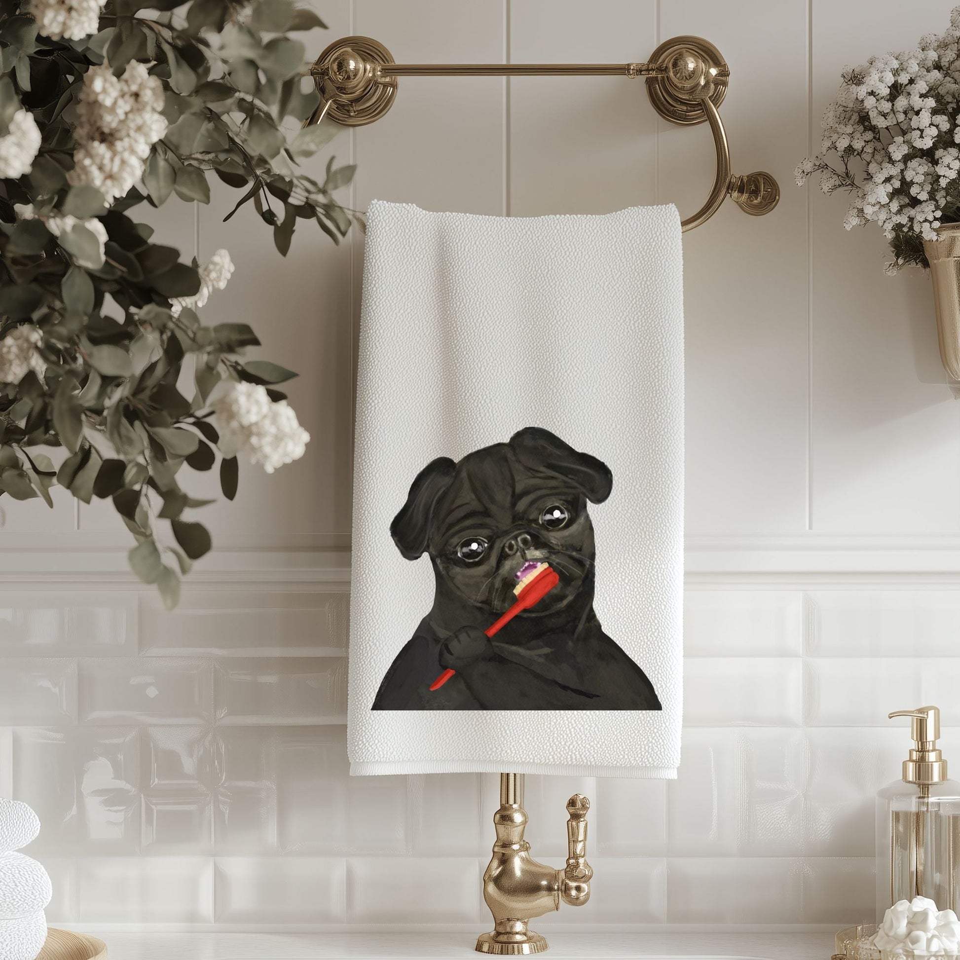 Black Pug Brushing Teeth Bathroom Towel - MerikaArt