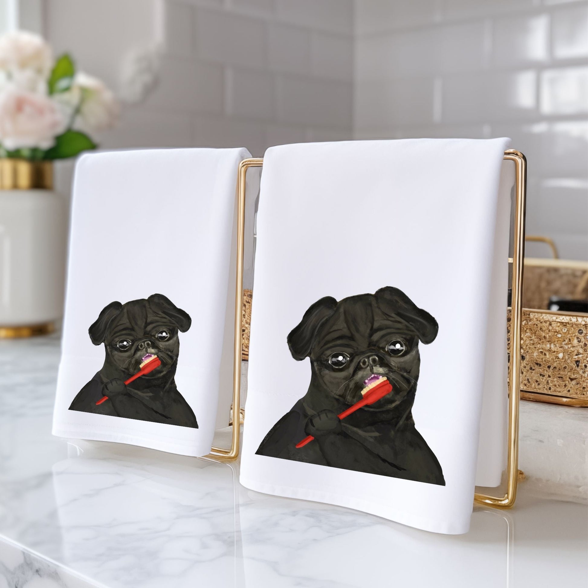 Black Pug Brushing Teeth Bathroom Towel - MerikaArt