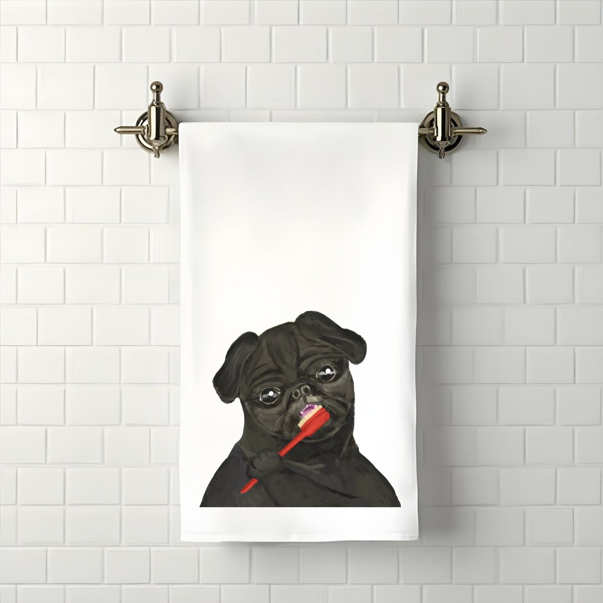 Black Pug Brushing Teeth Bathroom Towel - MerikaArt