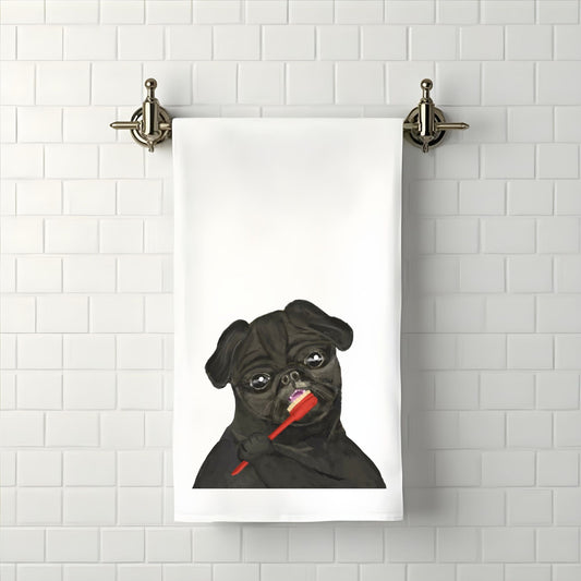 Black Pug Brushing Teeth Bathroom Towel - MerikaArt
