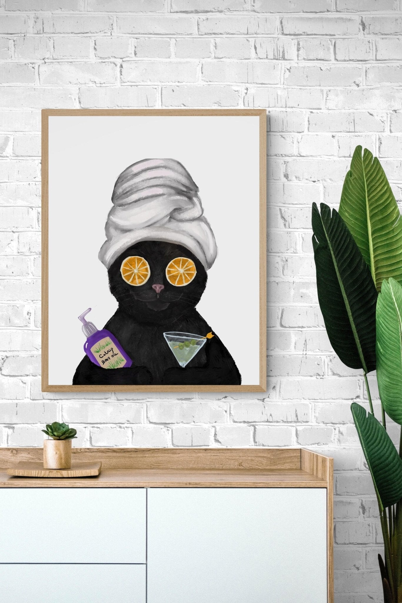 Black Spa Kitty Relaxing Cat Print, Bathroom Art, Cat with Martini, Cat Bathroom Painting, Dark Cat Bath Artwork, Cat Lover Gift - MerikaArt