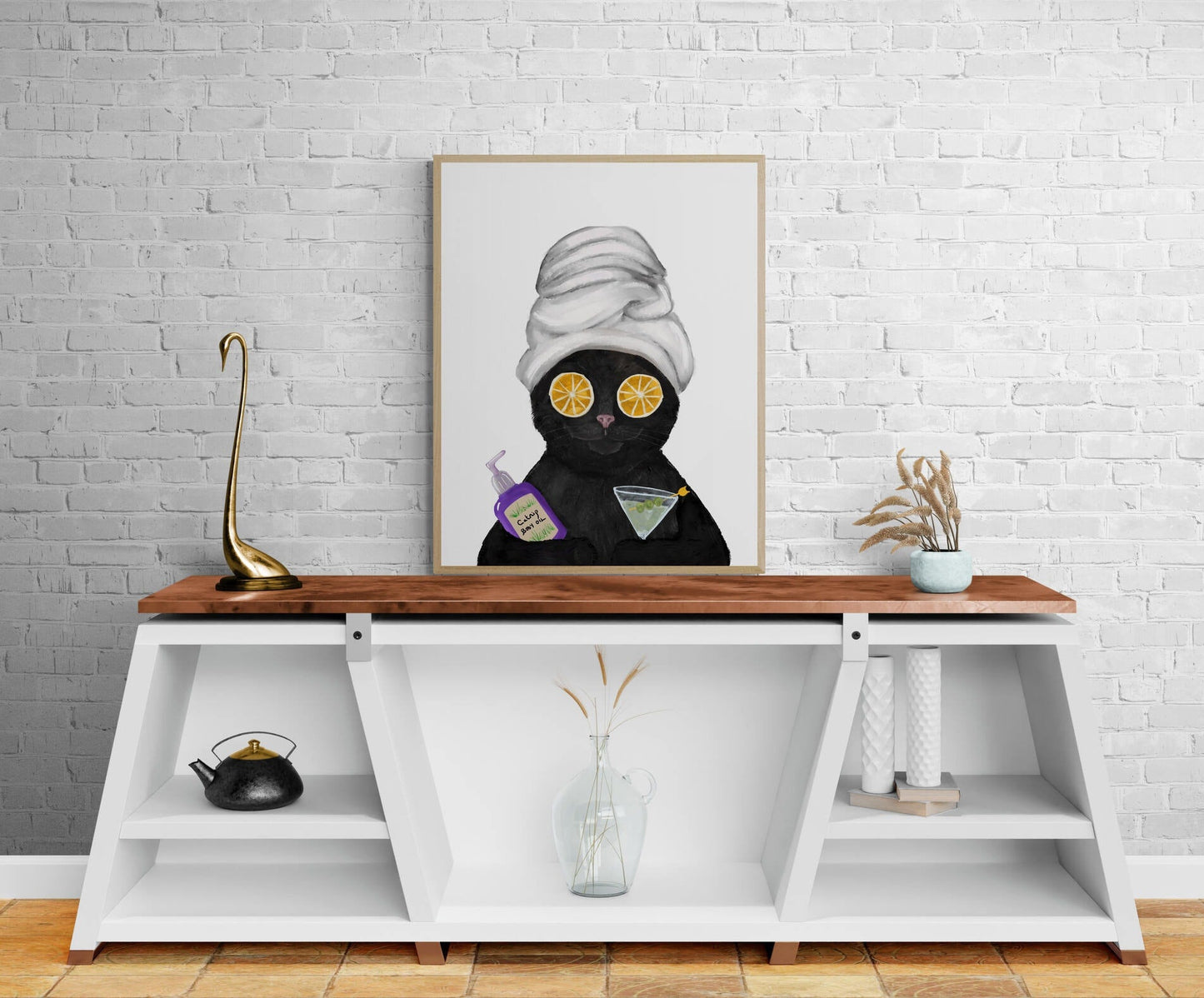 Black Spa Kitty Relaxing Cat Print, Bathroom Art, Cat with Martini, Cat Bathroom Painting, Dark Cat Bath Artwork, Cat Lover Gift - MerikaArt