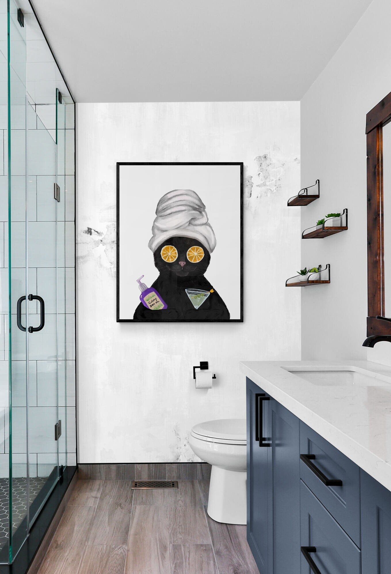 Black Spa Kitty Relaxing Cat Print, Bathroom Art, Cat with Martini, Cat Bathroom Painting, Dark Cat Bath Artwork, Cat Lover Gift - MerikaArt