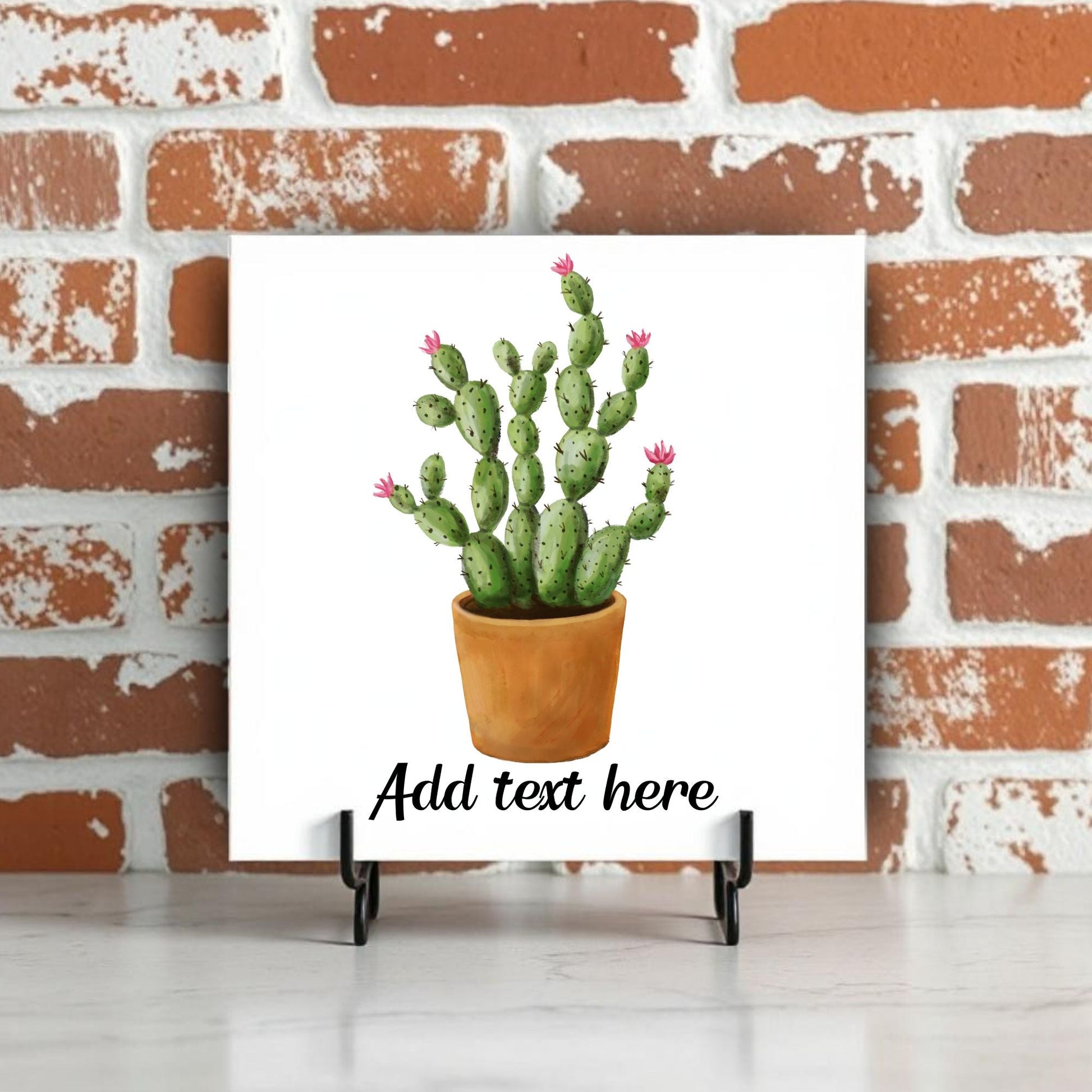 Blooming Cactus in Terracotta Pot Ceramic Tile - MerikaArt