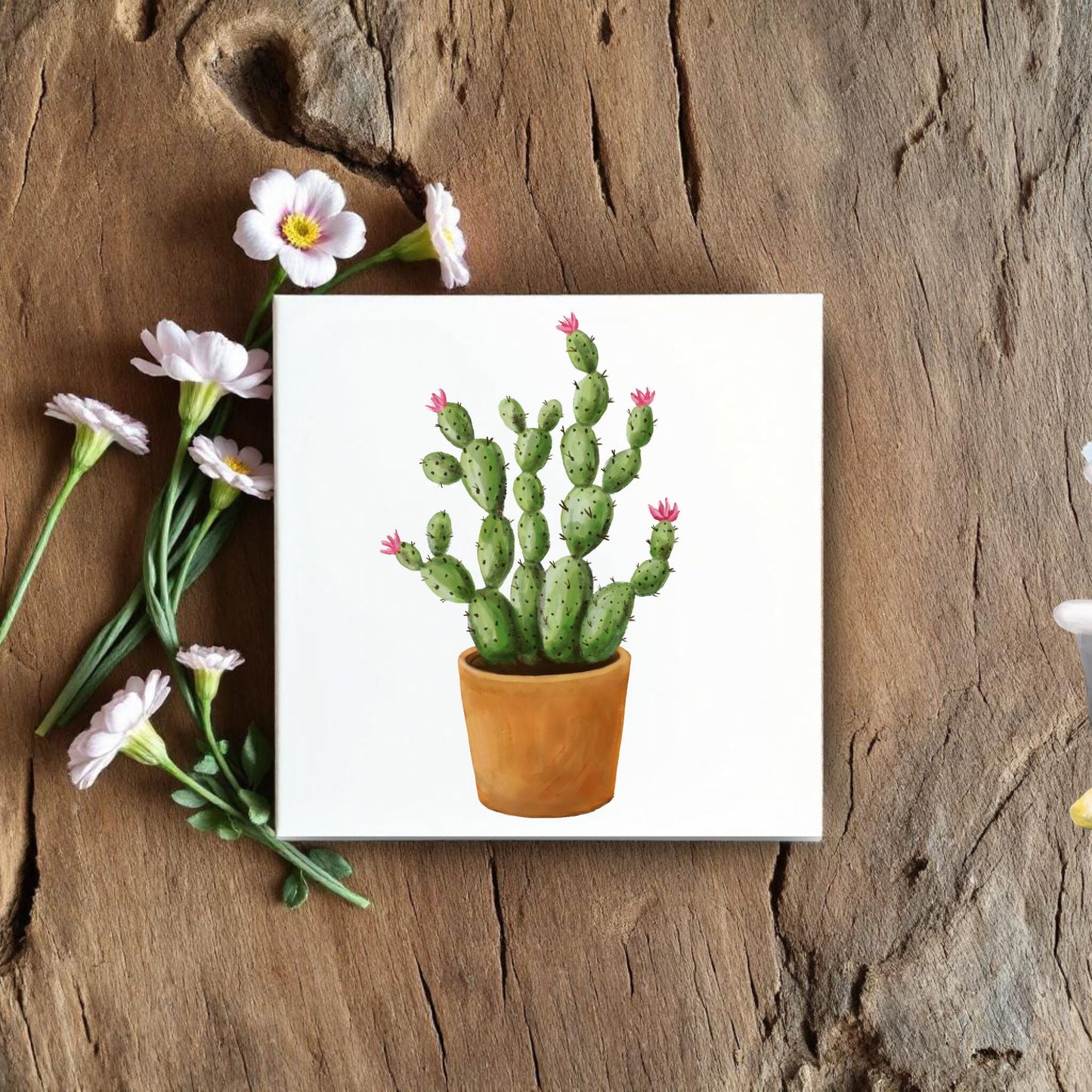 Blooming Cactus in Terracotta Pot Ceramic Tile - MerikaArt