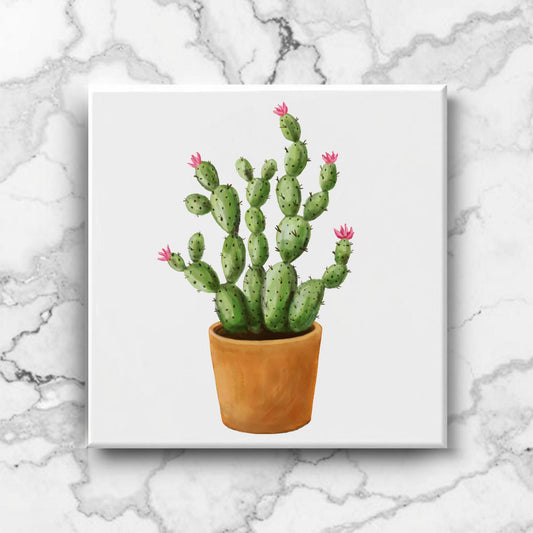 Blooming Cactus in Terracotta Pot Ceramic Tile - MerikaArt