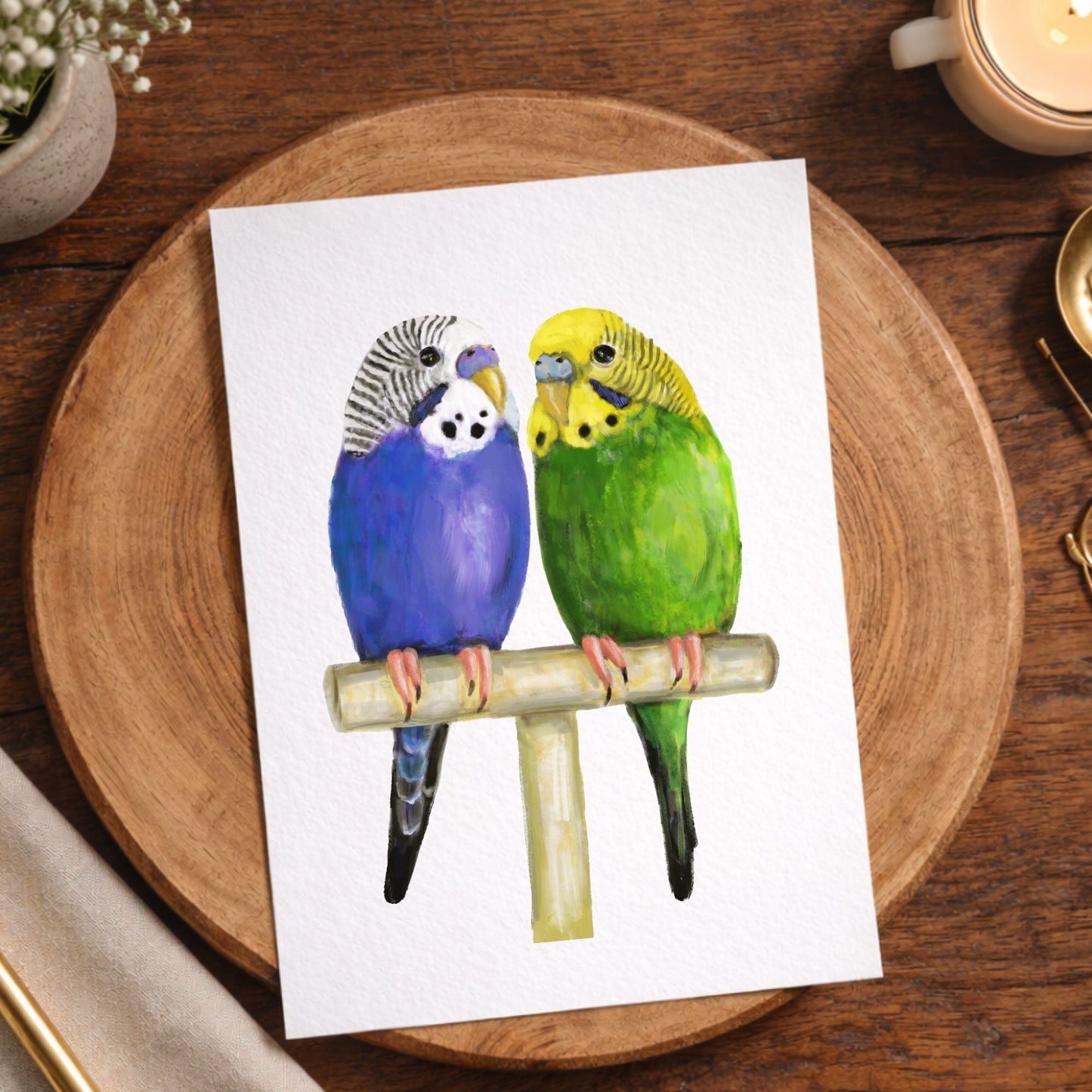 Blue and Green Budgie Pair Postcard - MerikaArt