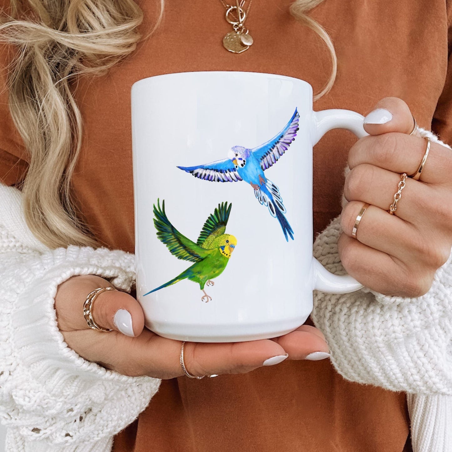Blue and Green Budgies in Flight Ceramic Coffee Mug - MerikaArt