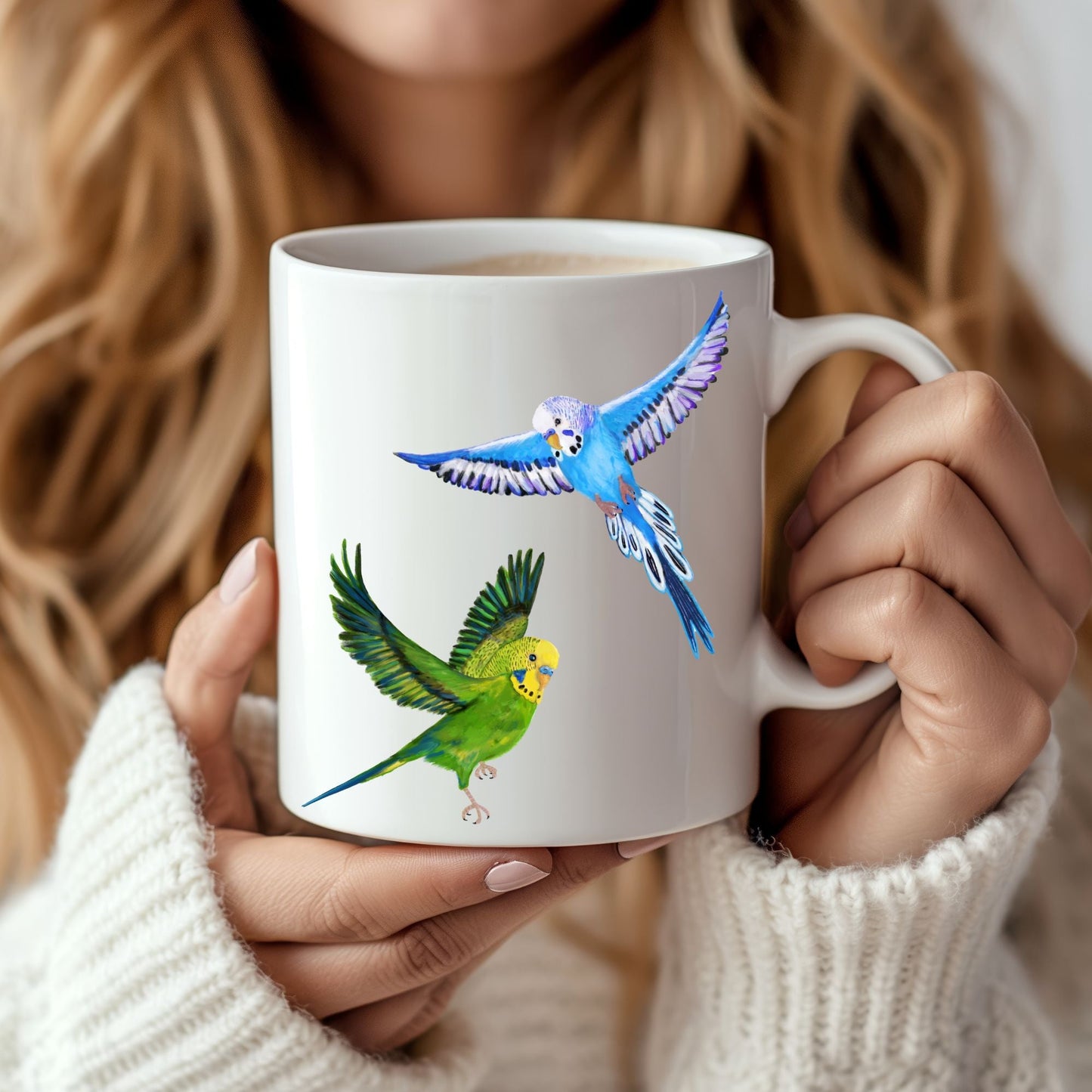 Blue and Green Budgies in Flight Ceramic Coffee Mug - MerikaArt